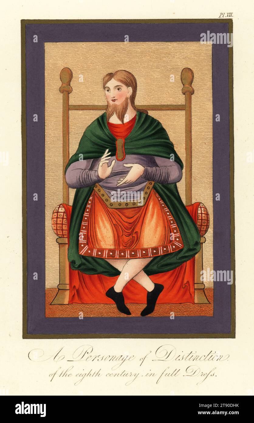 Anglo-Saxon man of distinction in full dress, 8th century. In mantle with brooch, tunic, hose, seated on a throne with cushion. From the illuminated manuscript Hexateuch in Old English, Cotton MS Claudius B IV f.11r. Handcoloured engraving by Joseph Strutt from his Complete View of the Dress and Habits of the People of England, Henry Bohn, London, 1842. Stock Photo