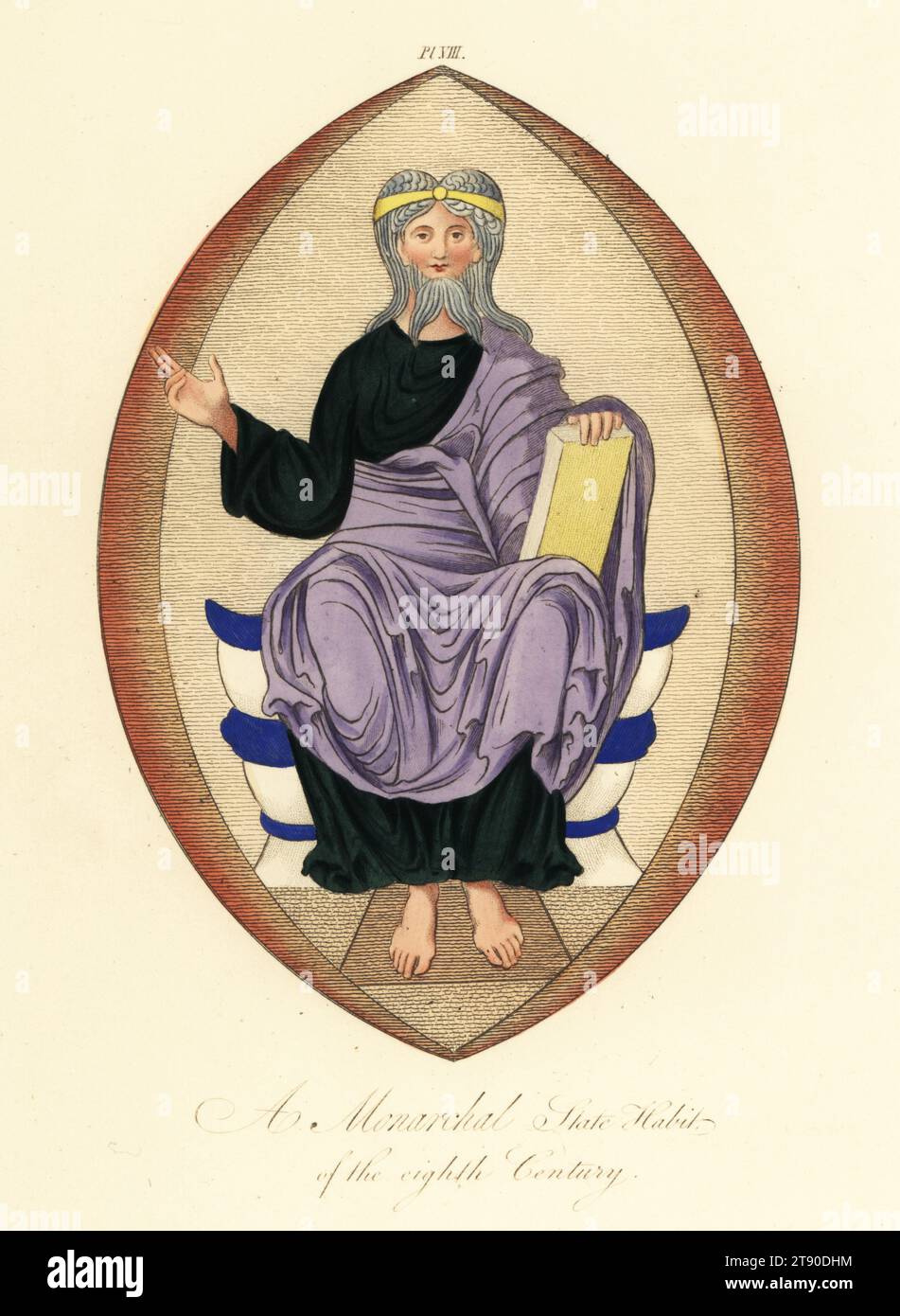 Monarchal state habit of the 8th century. In diadem, wearing a purple robe and holding a book. From the illuminated manuscript Hexateuch in Old English, Cotton MS Claudius B iv, f.4v. Handcoloured engraving by Joseph Strutt from his Complete View of the Dress and Habits of the People of England, Henry Bohn, London, 1842. Stock Photo