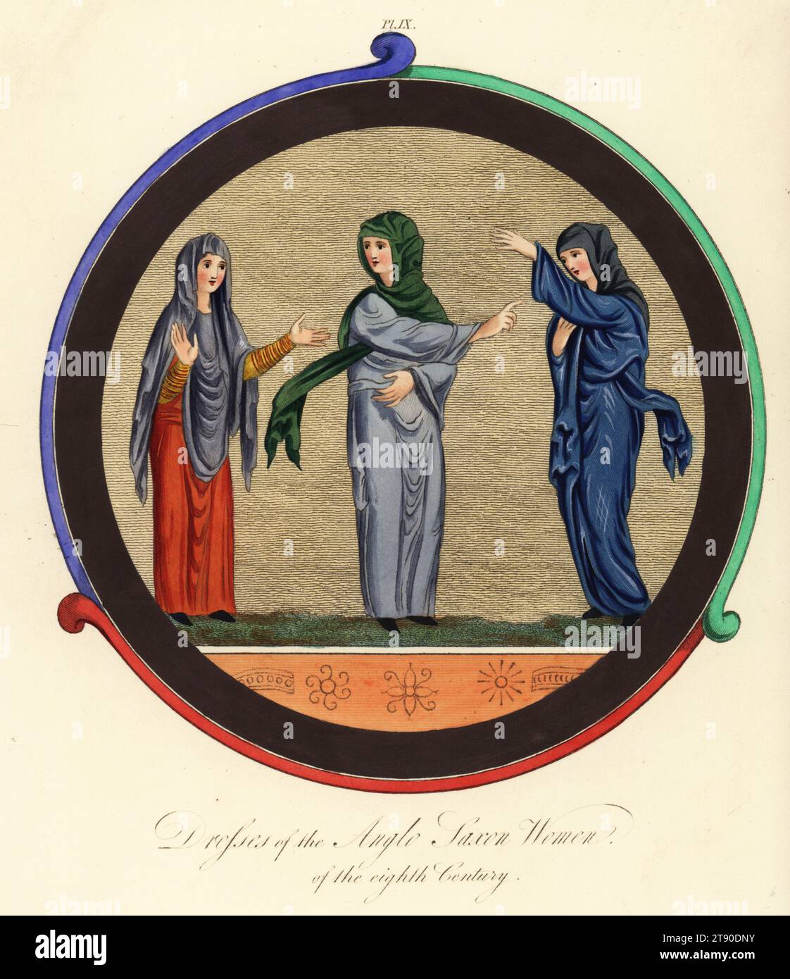 Dresses of Anglo-Saxon women of the 8th century. From the illuminated manuscript Hexateuch in Old English, Cotton MS Claudius B IV, f.10r. Handcoloured engraving by Joseph Strutt from his Complete View of the Dress and Habits of the People of England, Henry Bohn, London, 1842. Stock Photo