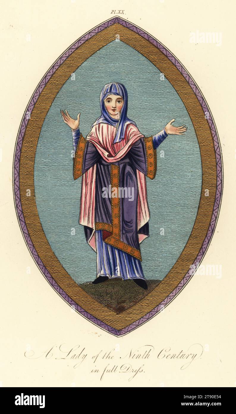 Anglo-Saxon lady of the 9th century in full dress. From Harley Psalter MS 603. Handcoloured engraving by Joseph Strutt from his Complete View of the Dress and Habits of the People of England, Henry Bohn, London, 1842. Stock Photo