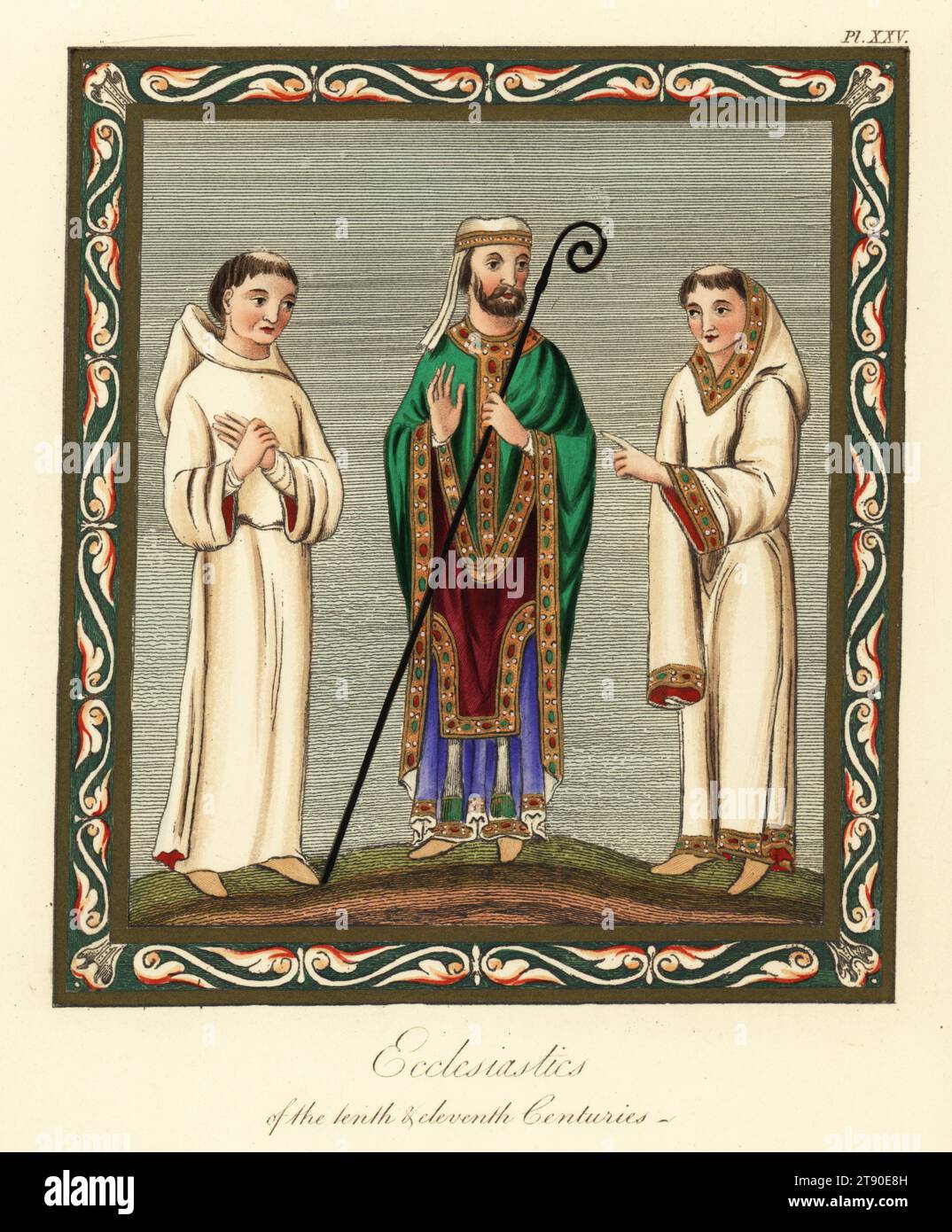 Ecclesiastics of the 10th and 11th centuries. Bishop with crozier, tonsured monks in hooded habits. Handcoloured engraving by Joseph Strutt from his Complete View of the Dress and Habits of the People of England, Henry Bohn, London, 1842. Stock Photo