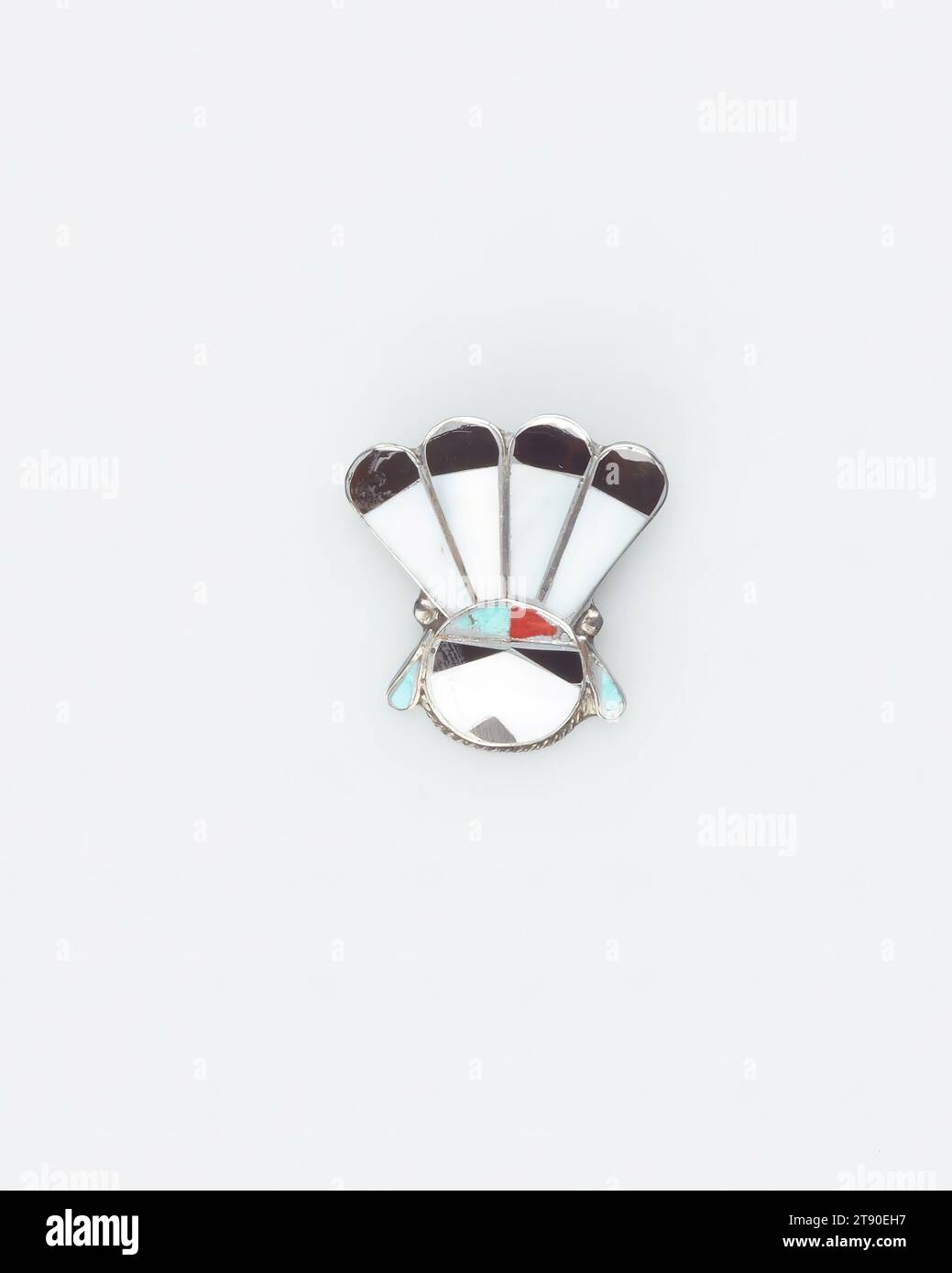 Pin, from a three-piece set, 20th century, 1 1/2 × 1 7/16 × 3/8 in. (3.81 × 3.65 × 0.95 cm), Silver, turquoise, coral, mother-of-pearl (?), onyx (?), United States, 20th century Stock Photo