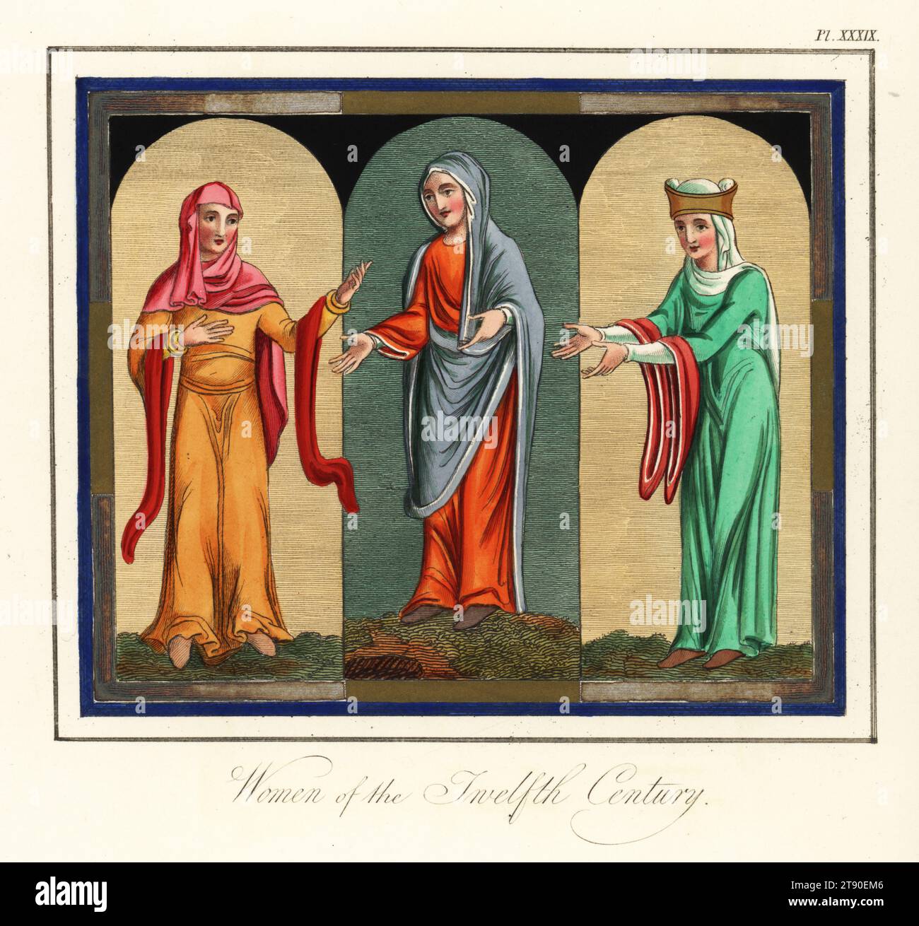 Anglo-Norman women of the 12th century. From Bodleian MS 614, and Sloan MS 1975. Handcoloured engraving by Joseph Strutt from his Complete View of the Dress and Habits of the People of England, Henry Bohn, London, 1842. Stock Photo