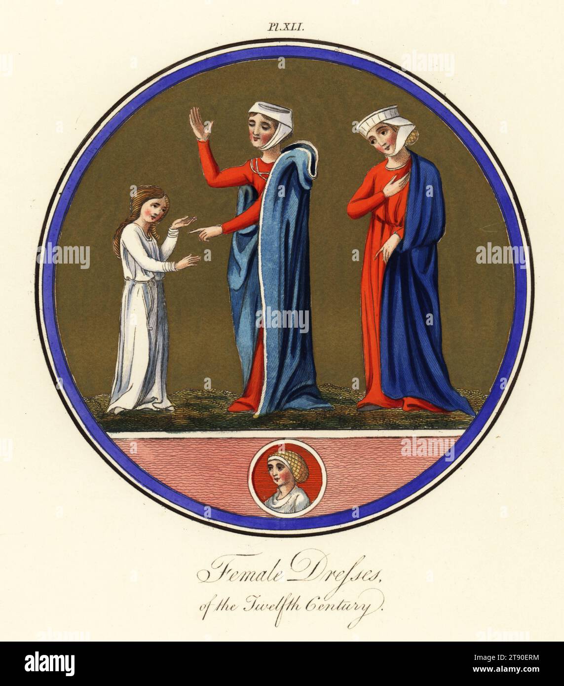 Norman female dresses of the 12th century. From Bible Moralisée, Harley MS 1527. Handcoloured engraving by Joseph Strutt from his Complete View of the Dress and Habits of the People of England, Henry Bohn, London, 1842. Stock Photo