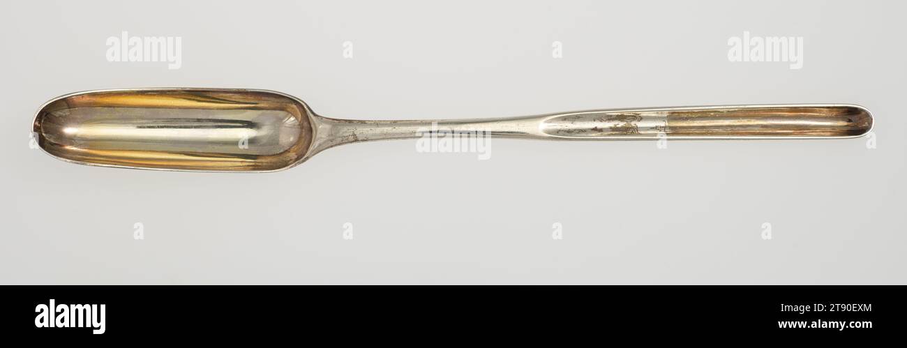 Marrow spoon, 1782-1783, 8 7/8 × 7/8 × 3/4 in. (22.54 × 2.22 × 1.91 cm), Silver, England, 18th century, Marrow spoons were commonly used by European diners in the eighteenth century for the easy removal of marrow from the bone. They were often made of silver, with a long, thin bowl. Many, such as the present, were double-ended. Hester Bateman—the maker of the larger spoon—was the most prolific female silversmith of her age. During her thirty-year career after she took over her late husband’s workshop in 1760, her silver would have been found in nearly every middle-class household in London Stock Photo