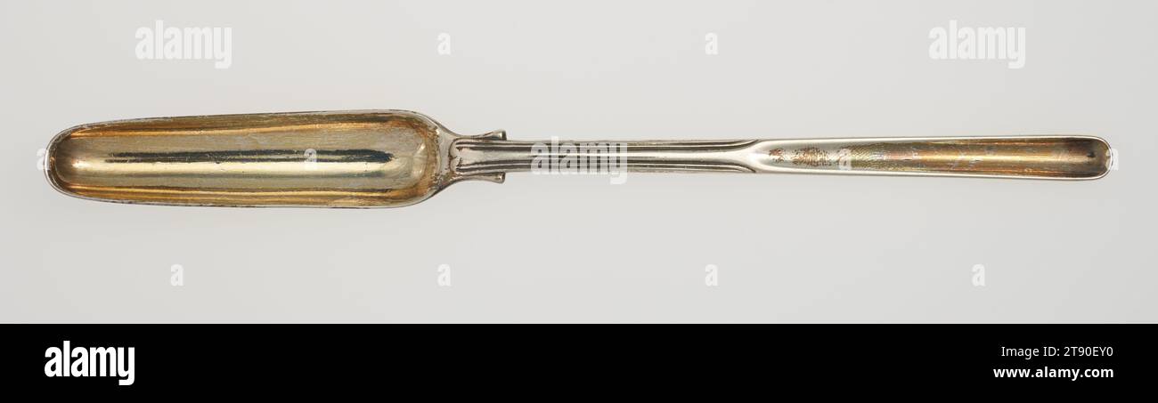 Marrow spoon, 1764-1766, Hester Bateman, British, 1708 - 1794, 9 1/8 × 7/8 × 11/16 in. (23.18 × 2.22 × 1.75 cm), Silver, United States, 18th century, Marrow spoons were commonly used by European diners in the eighteenth century for the easy removal of marrow from the bone. They were often made of silver, with a long, thin bowl. Many, such as the present, were double-ended. Hester Bateman—the maker of the larger spoon—was the most prolific female silversmith of her age. During her thirty- year career after she took over her late husband’s workshop in 1760 Stock Photo