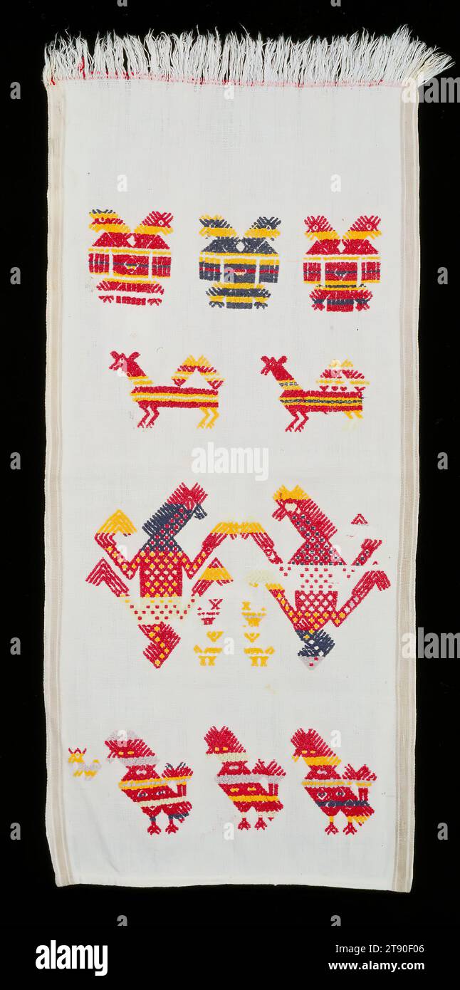 Cofradia table cover, 1955, 32 1/8 x 32 1/4 in. (81.6 x 81.9 cm) (with fringe), Cotton; discontinuous supplementary weft patterning, Guatemala, 20th century Stock Photo