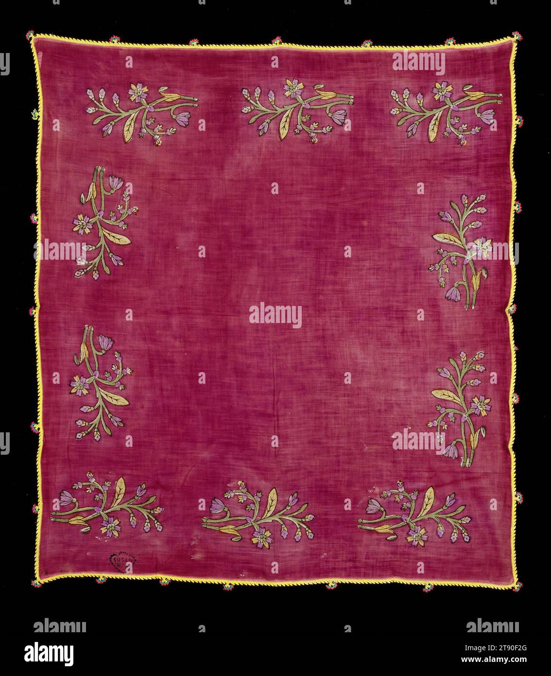 Head scarf with Oya, 1940-1950, 31 x 27 5/8 in. (78.74 x 70.17 cm) (without trim), Silk; blockprint; dyed, Turkey, 20th century Stock Photo
