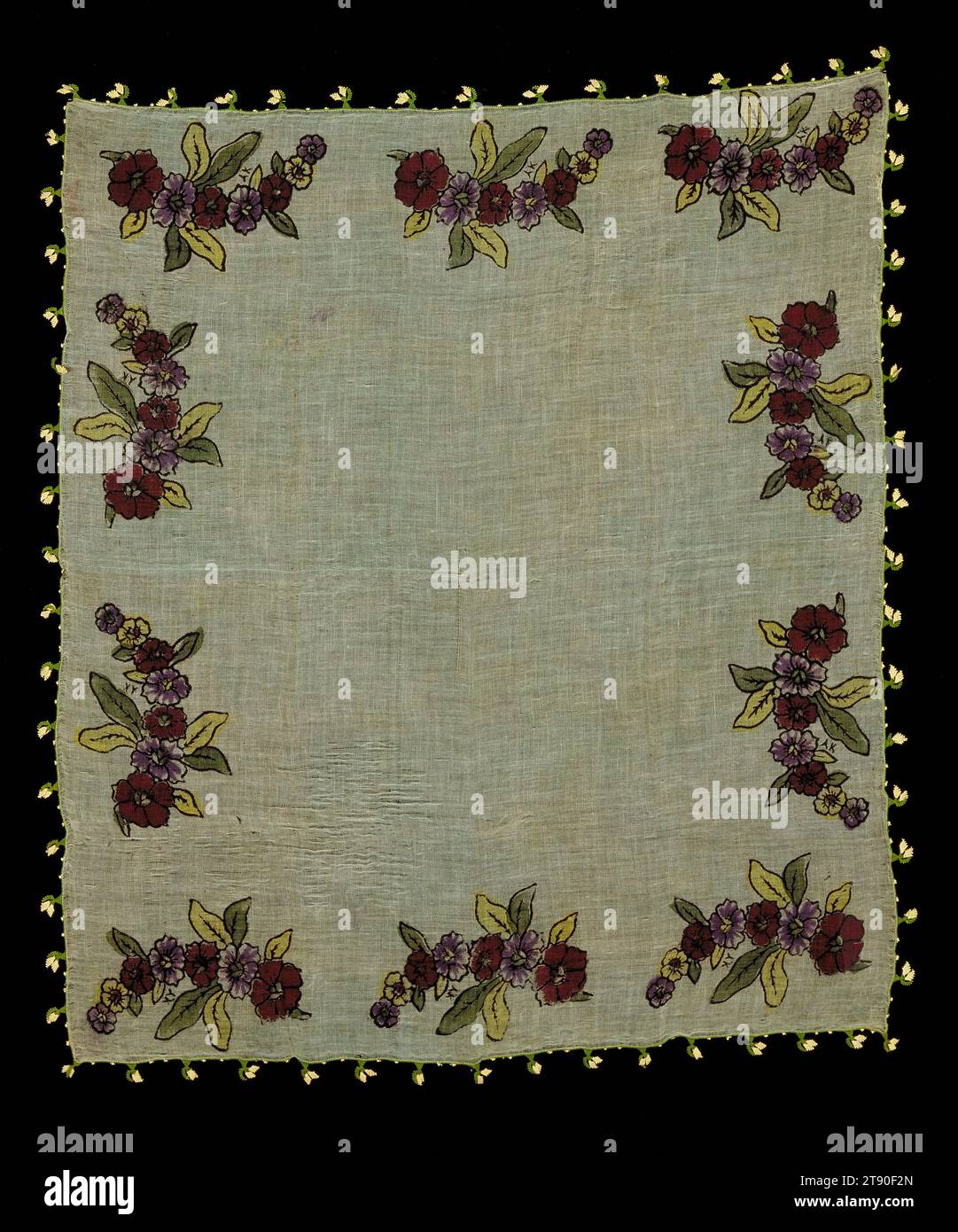 Head scarf with Oya, 1940-1950, 24 1/4 x 27 1/4 in. (61.6 x 69.22 cm) (without trim), Silk; blockprint; dyed, Turkey, 20th century Stock Photo