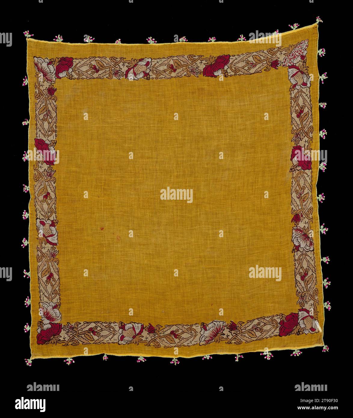 Head scarf with Oya, 1940-1950, 31 3/8 x 39 3/16 in. (79.69 x 99.54 cm) (without trim), Silk; blockprint; dyed, Turkey, 20th century Stock Photo