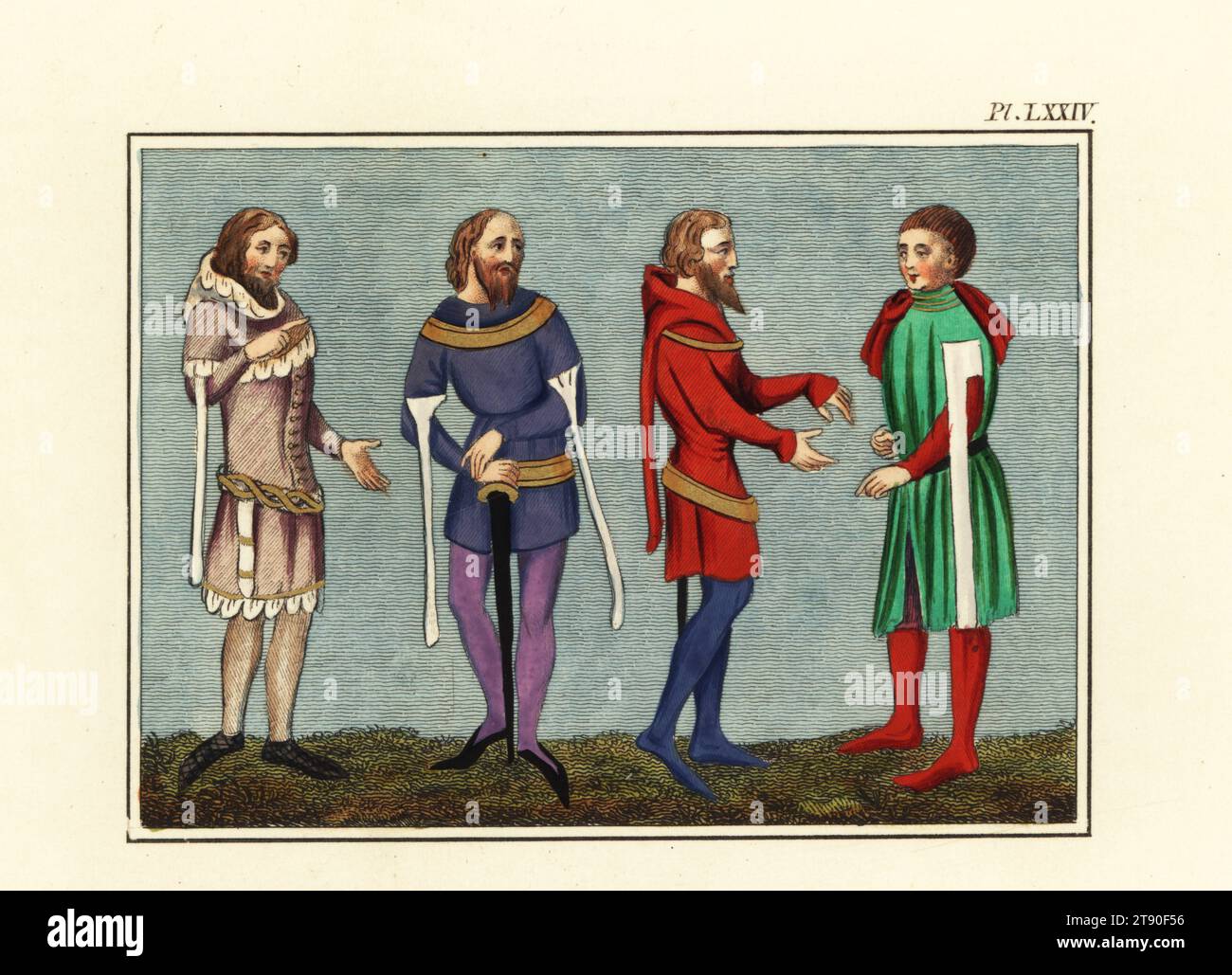 Gentlemen of the 14th century. Men in hooded doublets and hose. Handcoloured engraving by Joseph Strutt from his Complete View of the Dress and Habits of the People of England, Henry Bohn, London, 1842. Stock Photo