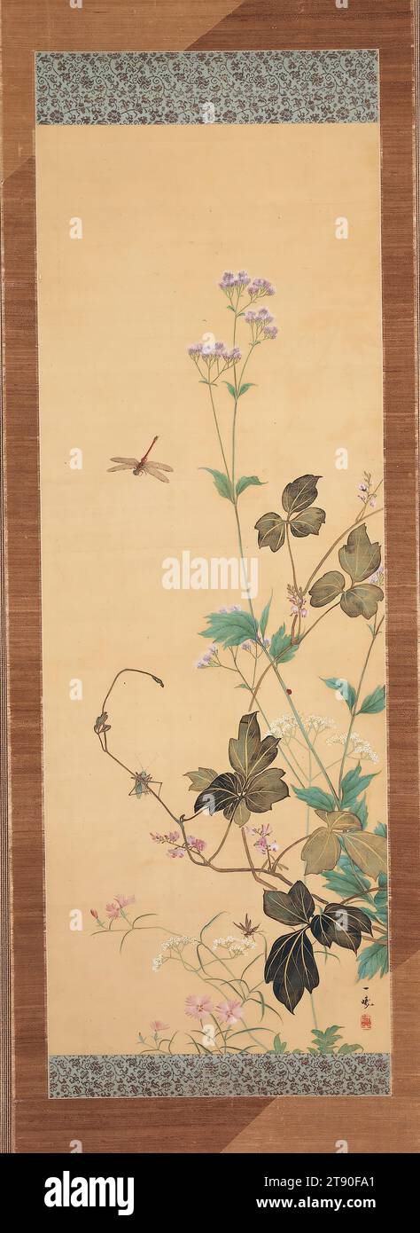 Autumn Flowers left of a pair, mid 19th century, Oki Ichiga, 44 1/2 × 16 1/4 in. (113.03 × 41.28 cm) (image)71 1/4 × 19 9/16 in. (180.98 × 49.69 cm) (mount, without roller), Ink, color, and gold on silk, Japan, 19th century, In this painting celebrating autumn, a dragonfly, grasshopper, and several other insects fly and jump among the fringed pink petals of dianthus, pink bushclover, and other flowering grasses. The painter, Oki Ichiga, served the lords of the Tottori Domain but lived in Japan’s capital Edo (now Tokyo), where he was known for his eclectic style Stock Photo