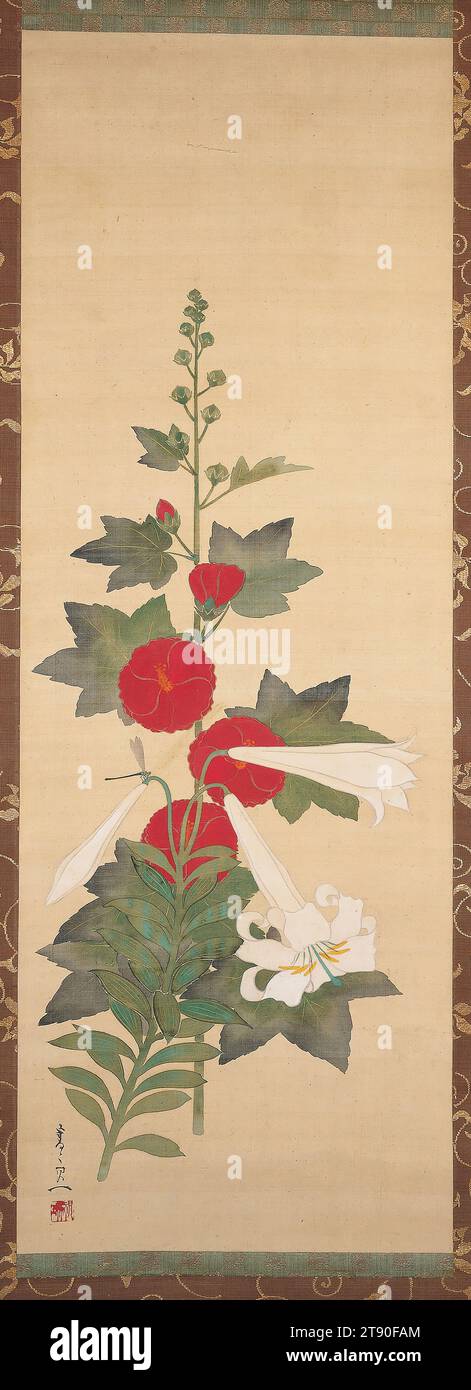 Hollyhock and Lilies, first half 19th century, Suzuki Kiitsu, Japanese, 1796 - 1858, 39 13/16 × 14 1/8 in. (101.12 × 35.88 cm) (image)73 1/4 × 18 13/16 in. (186.06 × 47.78 cm) (mount, without roller), Ink and color on silk, Japan, 19th century, Suzuki Kiitsu was the best-known follower of Sakai Hōitsu. He carries on the Rinpa tradition here with a colorful summertime combination of white lilies and crimson camellias. Much of the linework used on the flowers leaves is executed in gold paint. The leaves also feature the trademark Rinpa painting technique known as tarashikomi Stock Photo