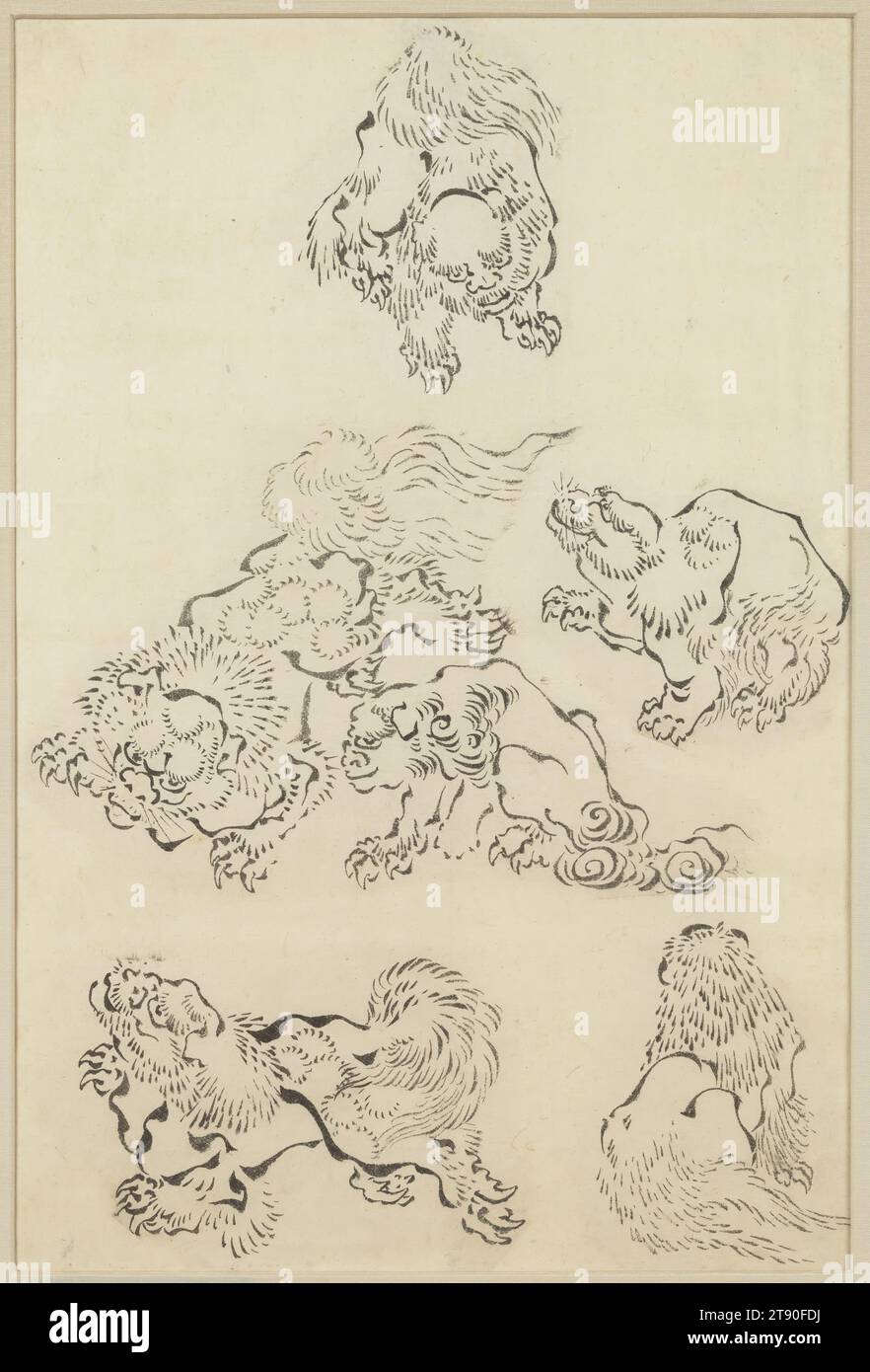 Six Lions, 19th century, Katsushika Hokusai, Japanese, 1760 - 1849, 17 3/8 × 11 11/16 in. (44.13 × 29.69 cm) (sight)23 7/8 × 17 1/2 × 1 7/8 in. (60.64 × 44.45 × 4.76 cm) (outer frame), Ink on paper, Japan, 19th century Stock Photo
