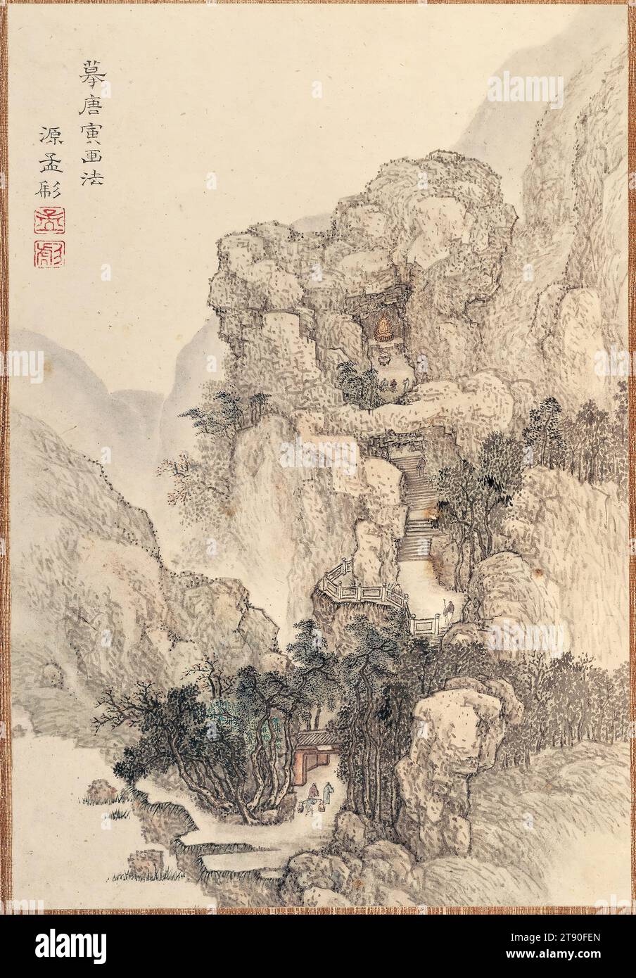 Album of Landscapes, mid 18th century, Kō Fuyō, Japanese, 1722 - 1784, 11 1/2 × 8 3/16 × 1 1/8 in. (29.21 × 20.8 × 2.86 cm), Ink and light color on paper, Japan, 18th century, On a cold moonlit night in early spring, a man parks his boat at the river’s edge, leaves his servant boy behind to watch the boat, and strolls up a mountain path toward an isolated pavilion. Wearing long, flowing, light blue robes, the man appears to pause just before a grove of gnarled plum trees covered with tiny white blossoms. Through the canopy of delicate flowers, he gazes up toward the dramatic mountain peak Stock Photo