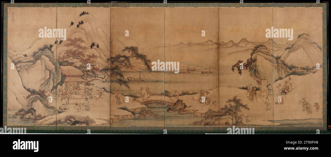 Four Accomplishments, 17th century, Untaku Toetsu, 53 7/8 × 142 3/8 in. (136.84 × 361.63 cm) (image)59 3/8 × 148 1/2 × 3/4 in. (150.81 × 377.19 × 1.91 cm) (outer frame), Ink and color on paper, Japan, 17th century Stock Photo