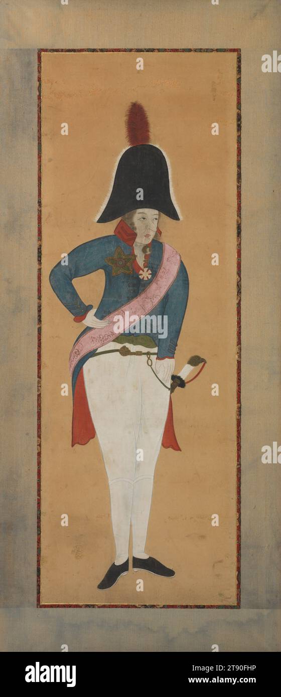 Russian Admiral, early 19th century, Unknown Nagasaki School, 36 11/16 × 12 7/8 in. (93.19 × 32.7 cm) (sight), Ink and color on paper, Japan, 19th century, A Russian admiral wearing a red-plumed bicorn hat stands against a blank background in this painting by an anonymous artist active in the city of Nagasaki, Japan’s most important international port during the Edo period. Nagasaki was one of only three Japanese ports open to Russia after the two countries signed their first official trade treaty in the mid-1850s. Some Nagasaki artists, many of whom remain anonymous Stock Photo