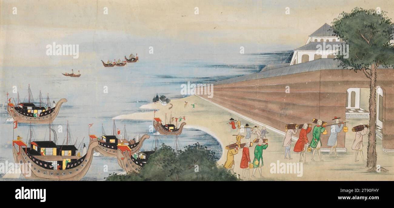 Dutchmen Unloading Cargo at Dejima, 19th century, Unknown Nagasaki School, 12 5/8 × 27 3/16 in. (32.07 × 69.06 cm) (sight), Ink, color, and gold on paper, Japan, 19th century, In the sixteenth century, Nagasaki, in far southwestern Japan, was transformed from a remote fishing village into a bustling harbor city frequented by Portuguese, Chinese, and Southeast Asian visitors. A century later, the Tokugawa shogunate designated Nagasaki as one of Japan’s only official international ports. This painting portrays a group of Dutchmen carrying cargo into a walled compound at Dejima Stock Photo
