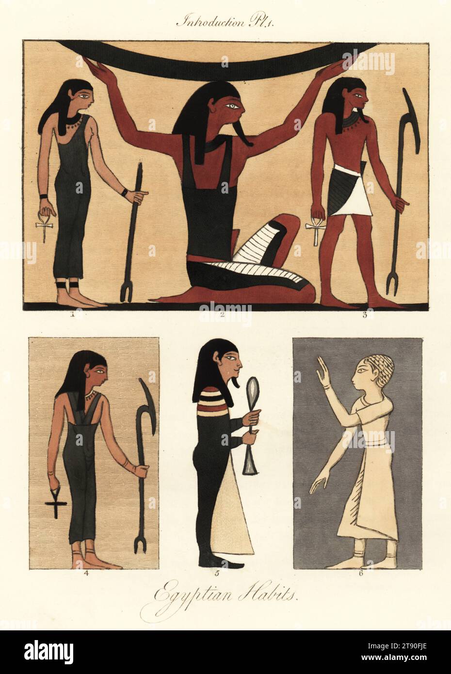 Ancient Egyptian habits. From a mummy and coffin in the British Museum. Handcoloured engraving by Joseph Strutt from his Complete View of the Dress and Habits of the People of England, Henry Bohn, London, 1842. Stock Photo