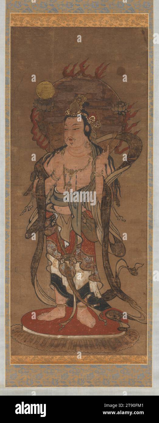 Nitten 日天 (The Sun God), c. 1450, Unknown Japanese, 33 7/8 × 14 1/16 in. (86.04 × 35.72 cm) (image)67 1/4 × 19 3/4 in. (170.82 × 50.17 cm) (mount, without roller), Ink with original hand coloring, Japan, 15th century Stock Photo