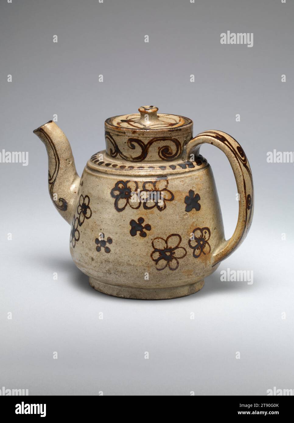 Ewer with willow and plum blossoms, early 17th century, Unknown Japanese, 6 5/8 × 8 5/16 × 5 1/2 in. (16.83 × 21.11 × 13.97 cm), Mino ware, Oribe type; stoneware with iron oxide, Japan, 17th century, Oribe ceramics, which were made from the late 1600s to early 1700s at kilns in the area of Mino Province in central Japan, often feature colorful, sometimes abstract designs and take whimsical, asymmetrical forms. Oribe ware takes its name from Furuta Oribe (1544–1615), a famous master of the Japanese tea ceremony Stock Photo