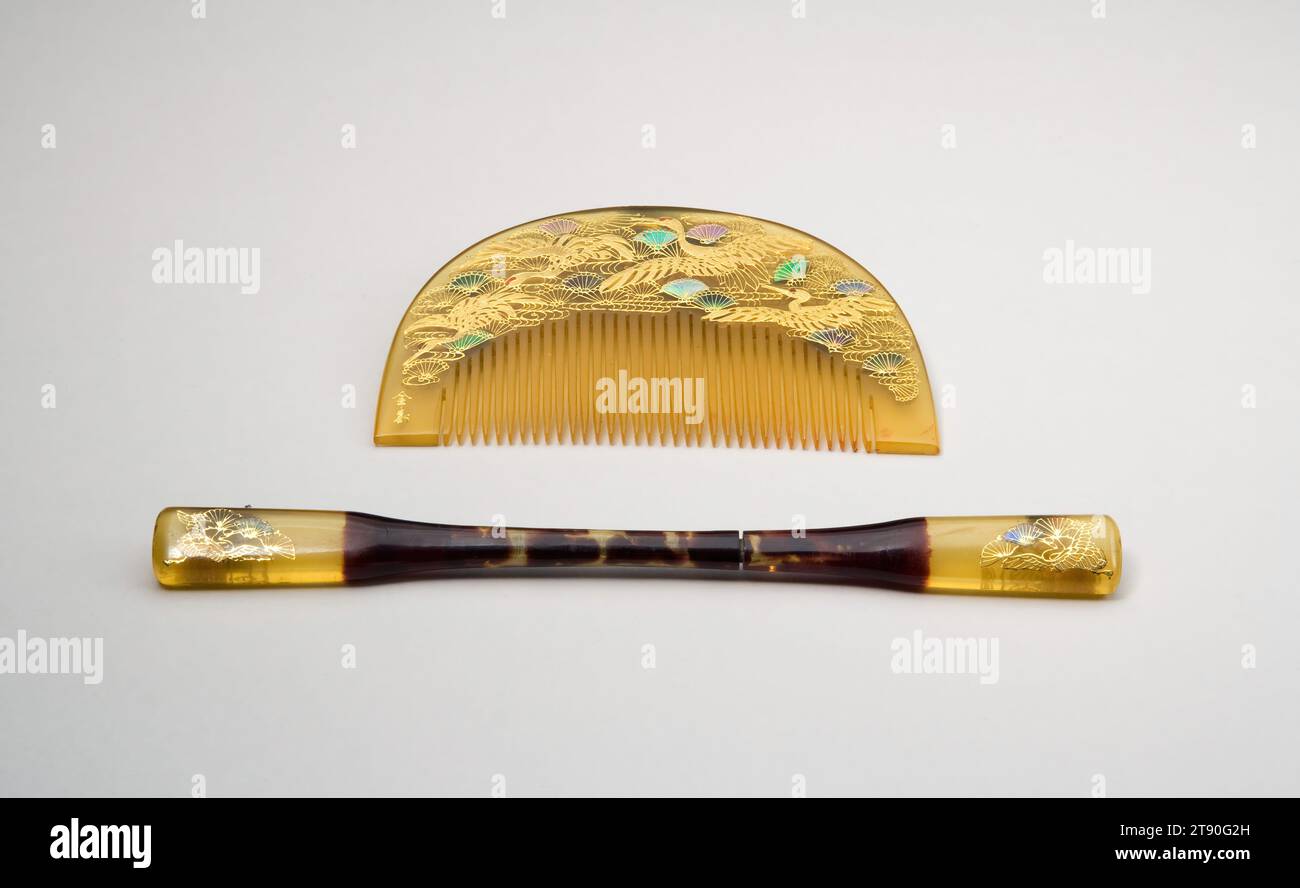 Hairpin with pines and cranes, late 19th century, Unknown Japanese, 6 3/8 × 9/16 × 5/16 in. (16.19 × 1.43 × 0.79 cm), Tortoise shell with gold maki-e and enamels, Japan, 19th century Stock Photo
