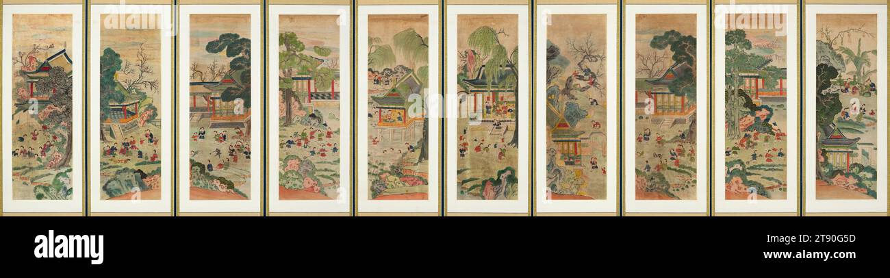 One Hundred Children at Play, late 19th century, Unknown Korean, 35 1/2 × 11 3/4 in. (90.17 × 29.85 cm) (image, each image panel)67 3/4 × 137 × 5/8 in. (172.09 × 347.98 × 1.59 cm) (outer frame), Ink and color on paper, Korea, 19th century, This folding screen draws upon a tradition of depicting an abundance of children, especially boys, playing in luxurious palace-garden settings, a convention first developed by Chinese artists in the 900s. Since then, such images have appeared frequently on everything from paintings to porcelain vases and clothing, not only in China but in places like Korea Stock Photo