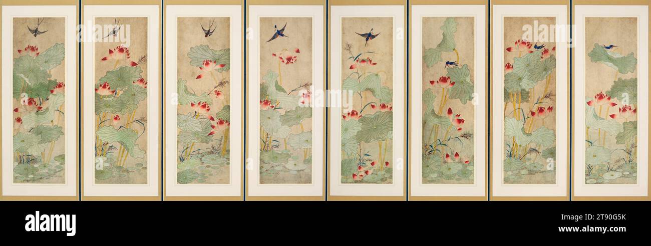 Lotus Flowers and Birds, late 19th century, Unknown Korean, 37 × 11 1/2 in. (93.98 × 29.21 cm) (image, each panel)67 × 107 1/4 × 3/4 in. (170.18 × 272.42 × 1.91 cm) (outer frame), Ink and color on paper, Korea, 19th century, Swallows and kingfishers fly among blooming lotus flowers in this folding screen, which would have likely been displayed during the summer months to decorate a room or a study. While commonly associated with purity in Buddhist thought, lotuses in Korea also symbolized gentlemanly virtues and noble character of the Confucian scholar, the ideal of the elite. Stock Photo