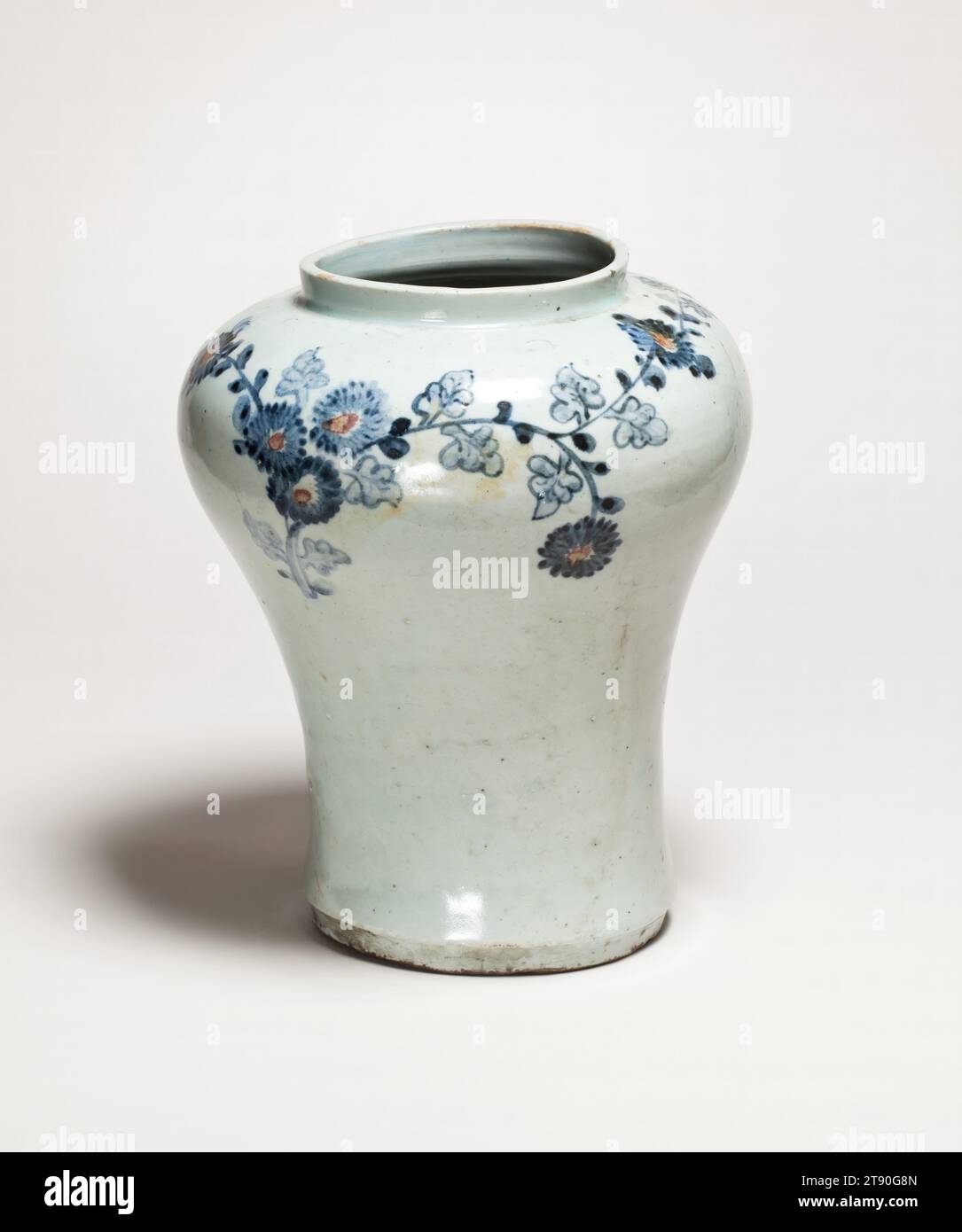Tall Vase with chrysanthemum and bamboo design, early 20th century, Unknown Korean, 9 7/8 × 8 × 8 in. (25.08 × 20.32 × 20.32 cm), Porcelain with cobalt-blue and copper-red design under clear glaze, Korea, 20th century Stock Photo