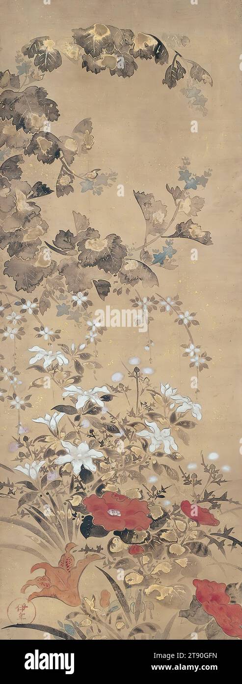 Flowers of Summer right of a pair of Flowers of Summer and Autumn, first half 17th century, Tawaraya Sōsetsu, Japanese, act. 17th cent., 51 5/16 × 19 1/2 in. (130.33 × 49.53 cm) (image)83 7/8 × 21 1/16 in. (213.04 × 53.5 cm) (mount, without roller), Ink, color, and gold on paper, Japan, 17th century, Colorful wildflowers of summer and autumn abound in this pair of hanging scrolls by an early painter of the Rinpa school, a lineage of painters of the Edo period (1603–1868) that engaged with classical Japanese themes and designs to create a distinctively decorative style of painting. Stock Photo