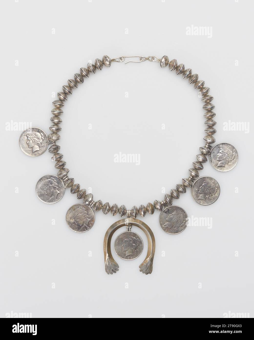 Lady Liberty dollar coin squash blossom necklace, c. 1923, 13 1/2 × 7 1 ...