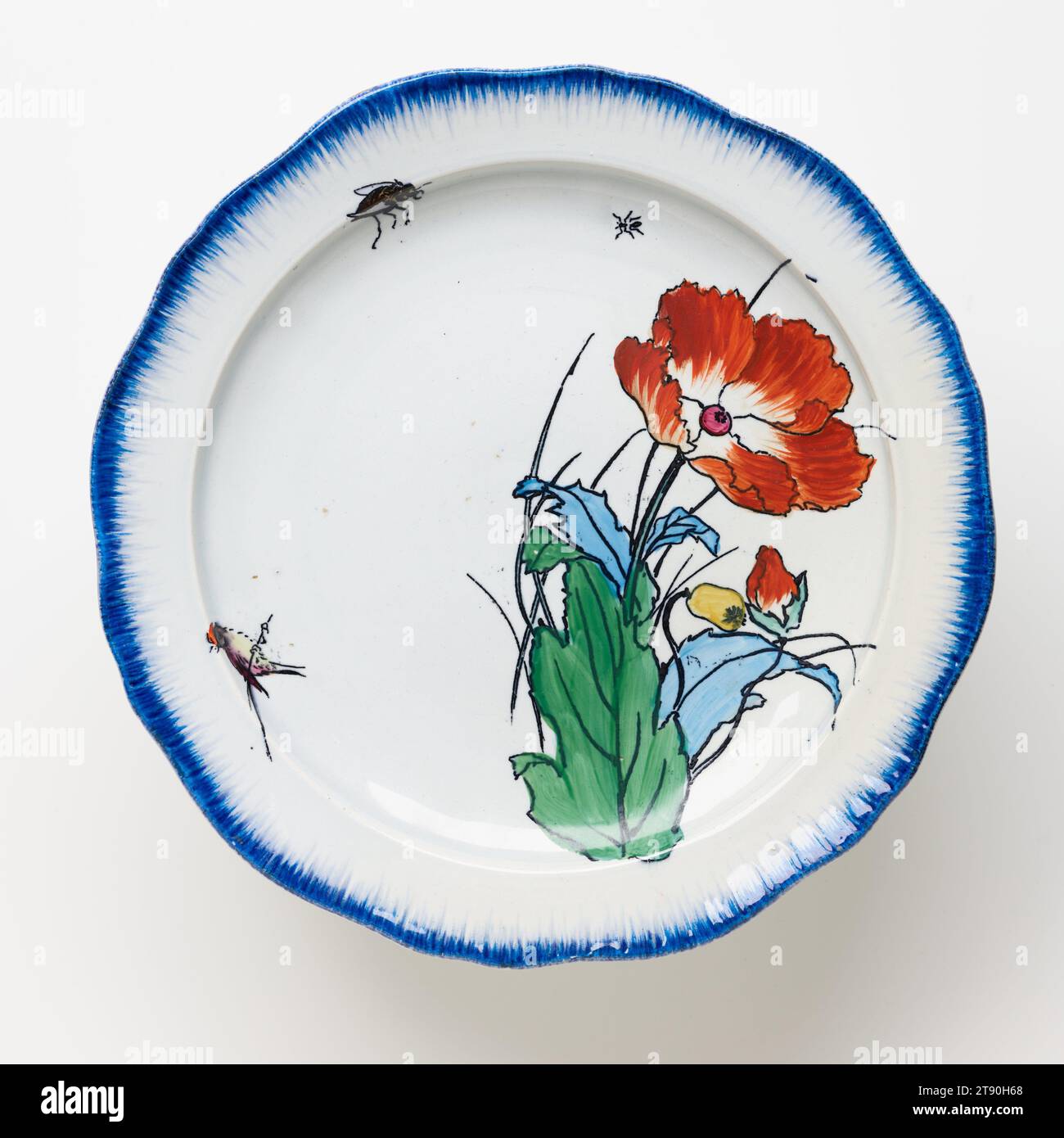 Cake plate with poppy, 1866-1867, Félix Bracquemond; Manufacturer: Lebeuf, Milliet & Co., Creil; Retailer: Francois-Eugene Rousseau, French, 1833–1914, 3 × 8 3/4 in. (7.62 × 22.23 cm), Lead-glazed earthenware, transfer printing, France, 19th century, This platter and three footed plates come from a large table service commissioned by the French dealer and publisher Eugène Rousseau (1827-1890) and designed by the painter and print maker Felix Bracquemond. First exhibited in Paris at the Universal Exhibition in 1867 and considered to be the earliest example of French ceramics Stock Photo