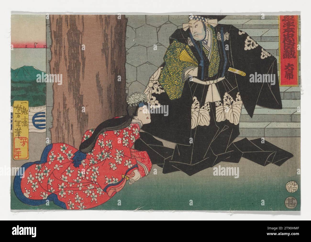 Prologue, 1860, 4th lunar month, Tsukioka Yoshitoshi; Publisher: Maruya Jinpachi, Japanese, 6 3/16 × 9 3/16 in. (15.72 × 23.34 cm) (image, sheet, horizontal chūban), Woodblock print (nishiki-e); ink and color on paper, Japan, 19th century, Actors Kataoka Nizaemon VIII as Kō no Moronao (R) and Onoe Kikugorō IV as Kaoyo-gozen (L). Related to the play Kanadehon Chūshingura 仮名手本忠臣蔵, performed at the Nakamura Theater in the 4th month of 1860 Stock Photo