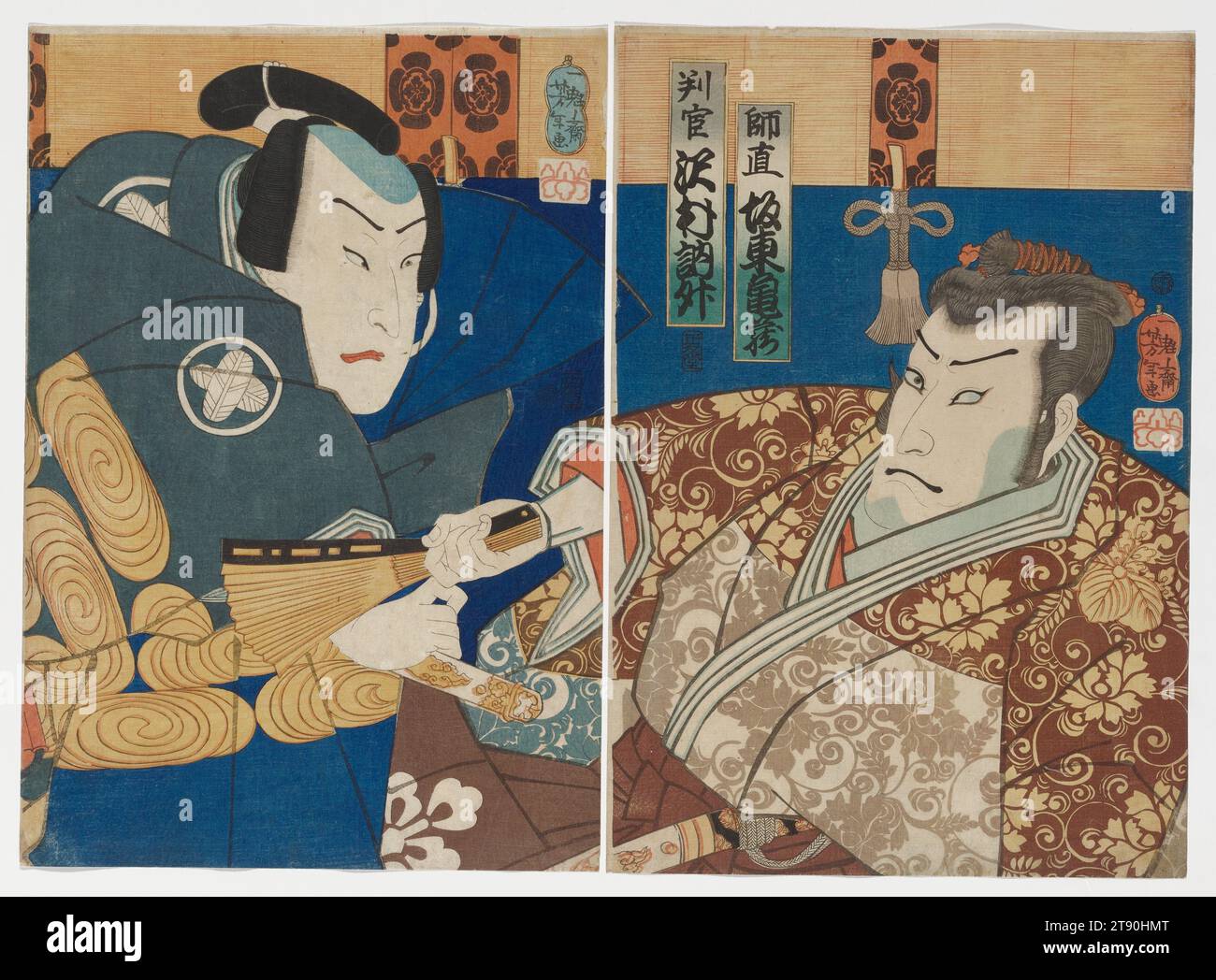 Actors Bandō Kamezō I as Kō no Moronao (R) and Sawamura Tosshō II as Enya Hangan, 1862, 6th lunar month, Tsukioka Yoshitoshi; Publisher: Gifuya Seichichi, Japanese, 1839 - 1892, 14 1/8 × 9 5/8 in. (35.88 × 24.45 cm) (image, sheet, each sheet; vertical ōban diptych), Woodblock print (nishiki-e); ink and color on paper, Japan, 19th century, Related to the play Kanadehon Chūshingura 仮名手本忠臣蔵, performed at the Nakamura Theater in the 3rd month of 1862 Stock Photo