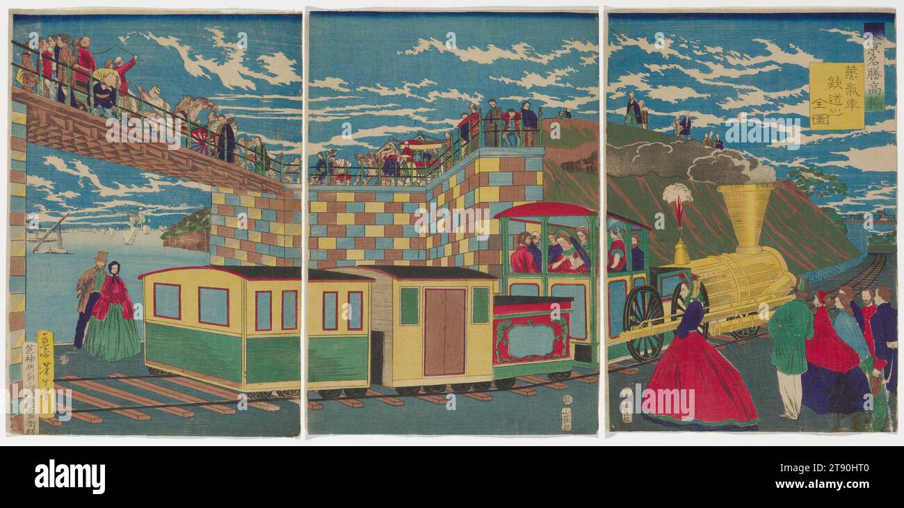 Famous places in Tokyo, Takanawa: Picture of . Complete picture of a steam locomotive and railroad, 1871, 9th lunar month, Tsukioka Yoshitoshi; Publisher: Yamashiroya Jinbei, Japanese, 1839 - 1892, 14 1/4 × 9 3/4 in. (36.2 × 24.77 cm) (sheet, each, approx., vertical ōban triptych), Woodblock print (nishiki-e); ink and color on paper, Japan, 19th century Stock Photo