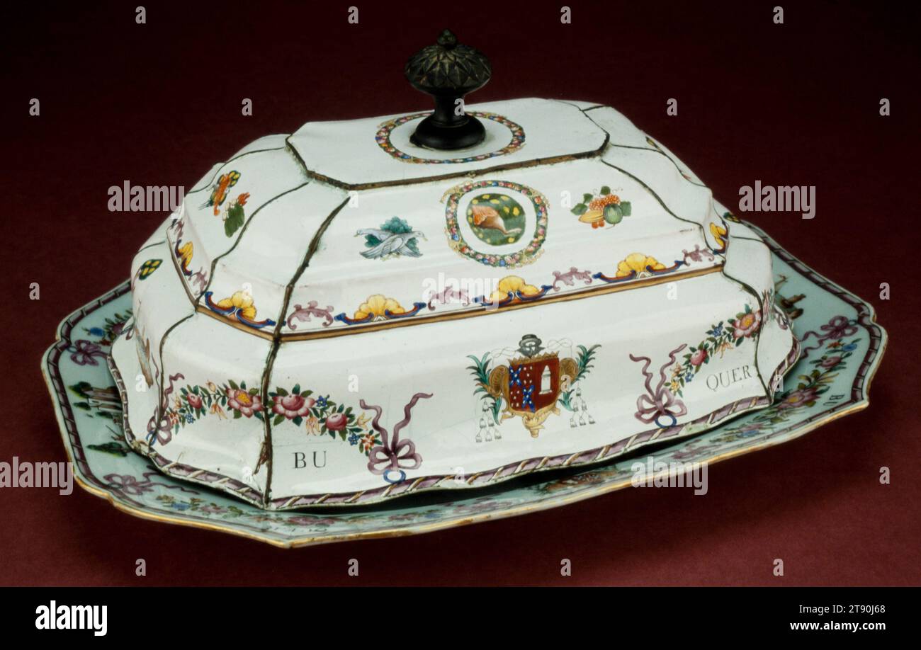Platter with cover, c. 1760-1770, H.7 x W.15 x D.12-1/8 in., Enamelled copper, China, 18th century, This rare survival of Chinese export enamelled copper formed part of a large dinner service commissioned by the Saldanha de Albuquerque family of Portugal. This service is one of the most unusual Chinese export services to have been produced during the eighteenth century. Typical services were decorated with family coats of arms, designs copied from European prints, Chinese-style figures or floral motifs. The Saldanha service, however, is decorated with appropriate food stuffs: a large ham Stock Photo