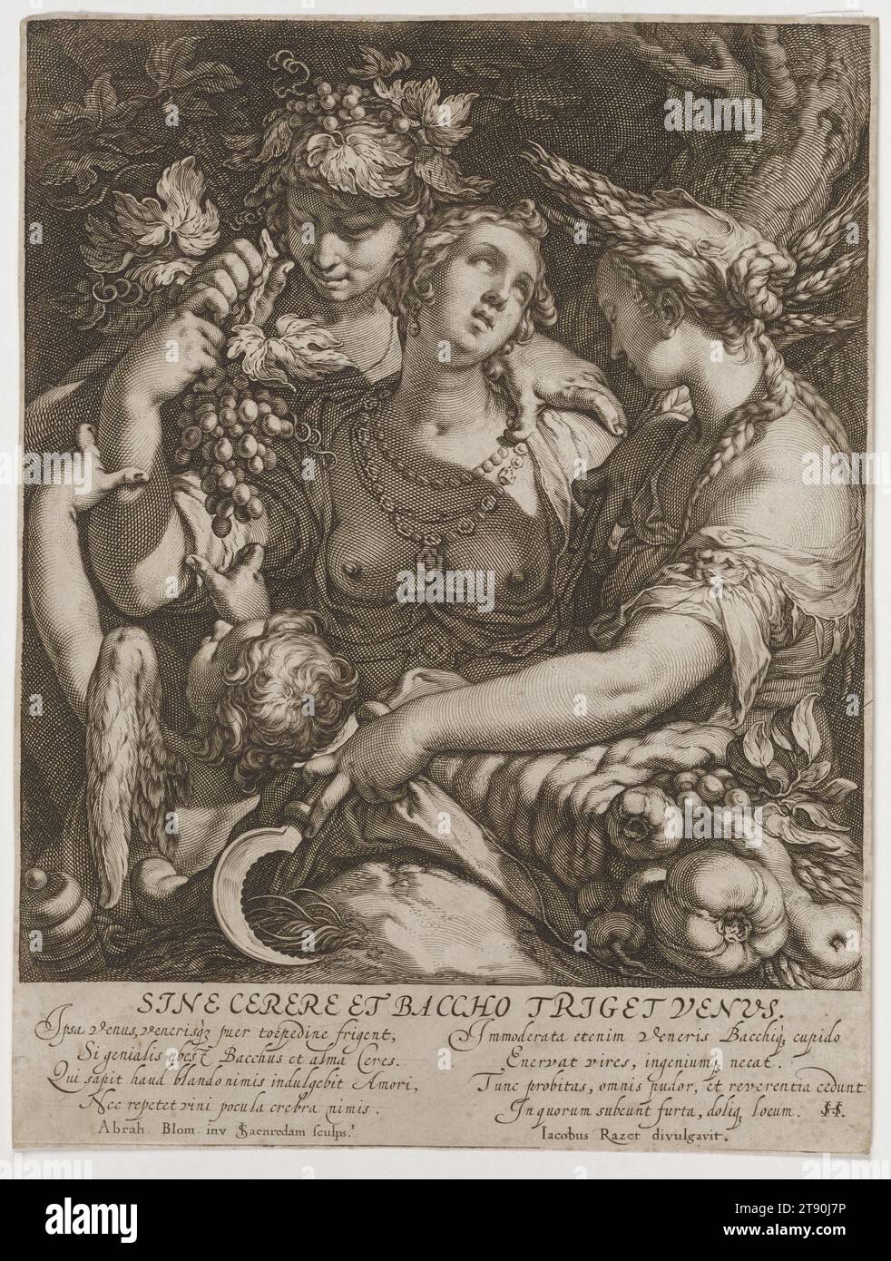 Without Baachus and Ceres, Venus Freezes, c. 1600, Jan Saenredam; Designer: Abraham Bloemaert; Publisher: Jacques Razet, Dutch, 1566–1651, 9 × 7 15/16 in. (22.86 × 20.16 cm) (image)10 5/8 × 8 in. (26.99 × 20.32 cm) (sheet), Engraving, Netherlands, 16th-17th century, 'Without Bacchus and Ceres, Venus Freezes' is an allegory that can be interpreted as 'Without wine and food, love freezes.' Here we see Bacchus and Ceres, the god and goddess of wine and agricultural fertility, embracing Venus, goddess of love, helping to keep her warm. The infant god of love, Cupid, reaches up to pluck a grape Stock Photo