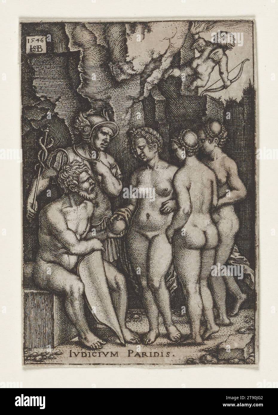 Judgement of Paris, 1546, Sebald Beham, German, 1500–1550, 2 3/4 × 1 7/8 in. (6.99 × 4.76 cm) (image, sheet), Engraving, 16th century, Writers in ancient Greece told various versions of the mythical story of the Judgment of Paris. Paris, a mortal, has been called upon to judge a beauty contest between three goddesses: which win the golden orb' Escorted by Hermes, the goddesses try to impress Paris, not just with their beauty but also with other incentives. Hera offered the lands of Europe and Asia. Athena offered military might and wisdom. Stock Photo