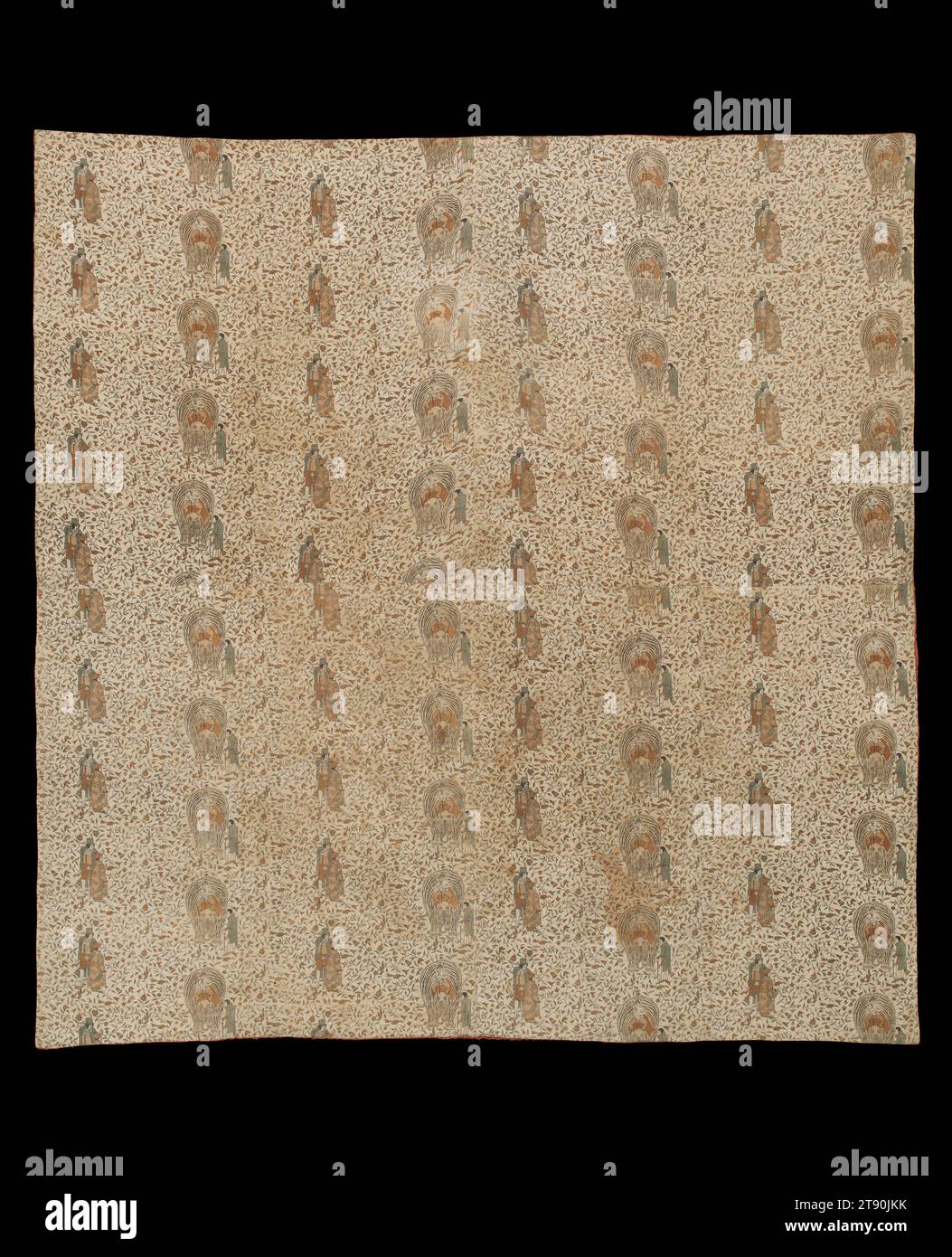 White-ground Japanese sarasa (wasarasa) blanket with repeating pattern of foreigners and elephant amidst flowers, 18th century, Unknown Japanese, 117 × 114 1/2 in. (297.18 × 290.83 cm), Cloth: cotton and felt; katazome (stencil resist), Japan, 18th century Stock Photo