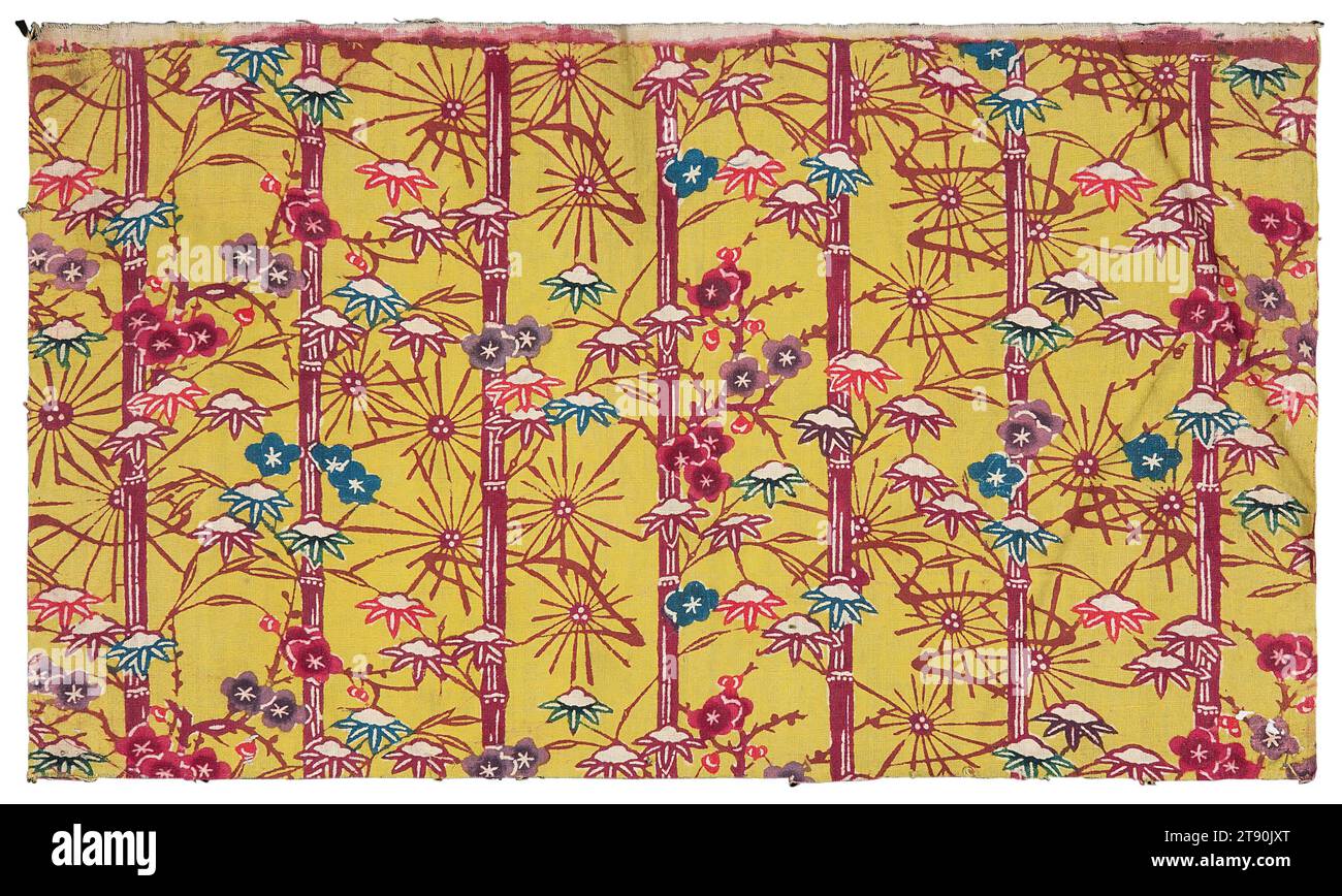 Yellow-ground fragment with motif of plum and bamboo covered in snow, 18th-19th century, Unknown Ryukyuan, 9 × 15 7/8 in. (22.86 × 40.32 cm) (overall), Cloth: cotton; bingata (stencil resist with applied pigments), Japan, 18th-19th century Stock Photo