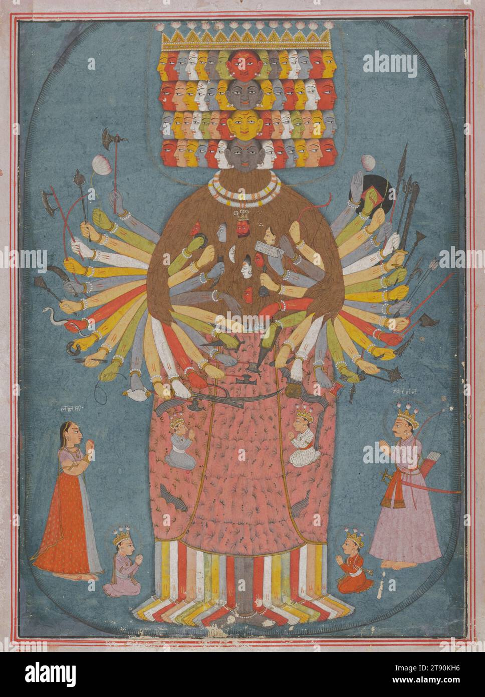 The Cosmic Form of Krishna, c. 1750-1775, 10 7/8 × 7 7/8 in. (27.62 × 20 cm) (image)25 1/2 × 21 3/4 × 1 in. (64.77 × 55.25 × 2.54 cm) (outer frame), Opaque watercolor heightened with gold on paper, India, 18th century, The striking imagery of this painting was inspired by the Bhagavata Gita (200 BCE-300 CE), a foundational text in Hinduism that lays out key moral doctrines and emphasizes personal devotion (bhakti) to God. Here, the artist illustrates a pivotal conversation between the epic hero, Arjuna (identified by inscription in the bottom left) and Krishna Stock Photo