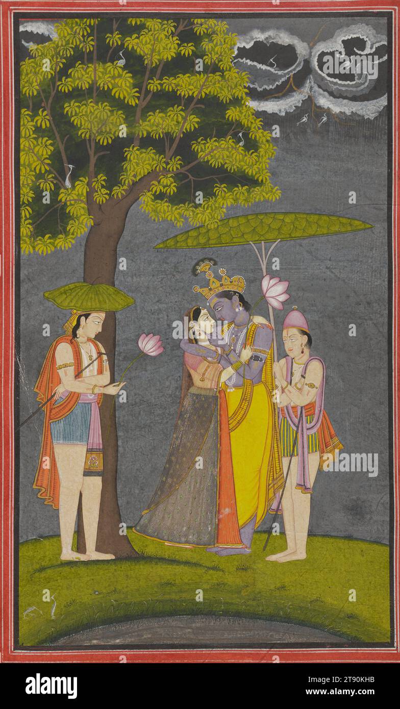 Krishna and Radha Sheltering from the Rain, c. 1760, 9 5/16 × 5 1/2 in. (23.65 × 13.97 cm) (image)25 3/4 × 21 3/4 × 1 in. (65.41 × 55.25 × 2.54 cm) (outer frame), Opaque watercolor heightened with gold on paper, India, 18th century, Among the classic subjects of courtly Indian painting is the love-sport of Krishna Stock Photo