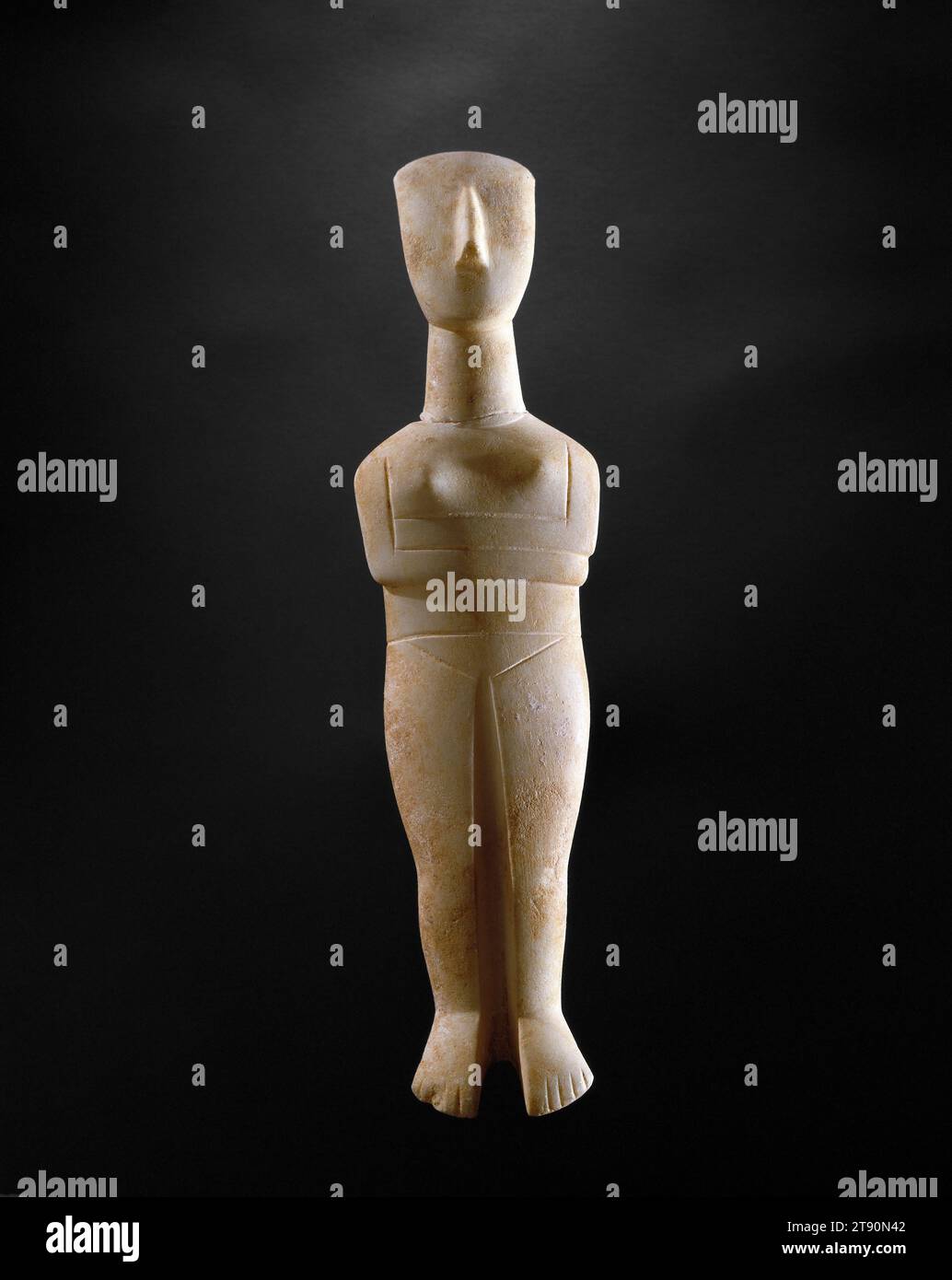 Female Figure, c. 2500-2400 BCE, 16 1/4 x 4 1/4 x 1 9/16 in. (41.28 x 10.8 x 3.97 cm), Marble, Greece, 26th-24th century BCE, This female figure comes from the Cyclades, a chain of islands off the coast of mainland Greece. Scholars classify it among the late Spedos variety, so named after the Bronze Age cemetery where a number of such sculptures were discovered. Examples have been found only on the Cycladic islands of Naxos and Keros. Identifying features include a deep groove separating the legs, individually carved feet, and minimal incised details. Although their exact function is unknown Stock Photo