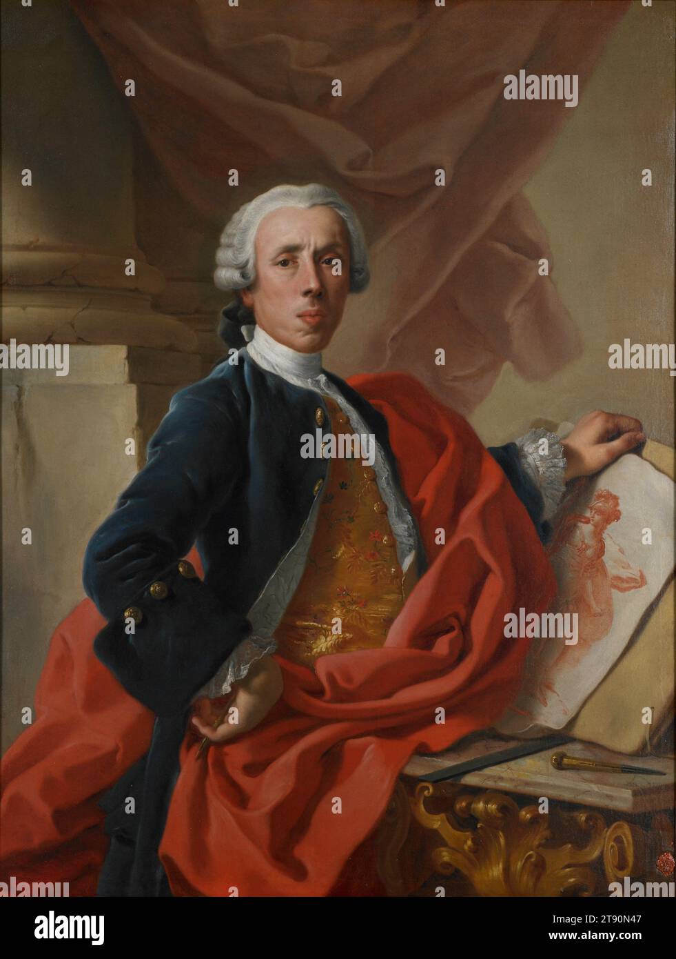 Self-Portrait, c. 1740, Francesco de Mura, Italian, (Naples), 1696–1782, 51 x 40 in. (129.54 x 101.6 cm) (canvas)50 x 38 in. (127 x 96.52 cm) (sight)59 3/4 × 48 7/8 in. (151.77 × 124.14 cm) (outer frame), Oil on canvas, Italy, 18th century, Francesco de Mura presents himself as a man of great elegance and high social standing. He is sumptuously dressed and surrounded by trappings of wealth and grandeur (billowing drapery, monumental column, marble-topped gilt table). His drawing tools are prominently displayed. Traditionally, the medium of drawing reveals the intellectual quality Stock Photo