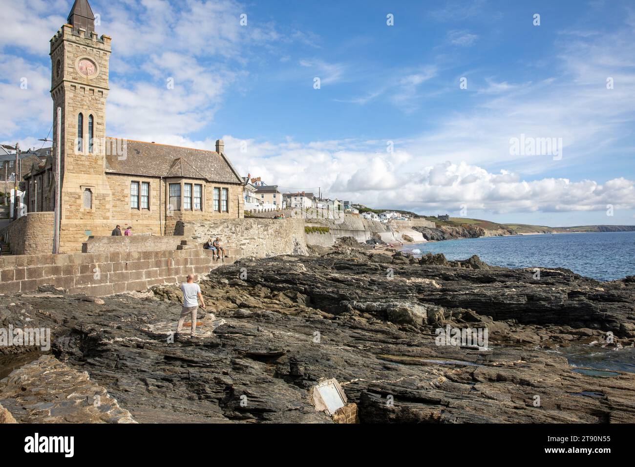 Porthleven town in Cornwall view of the coast and Porthleven town hall