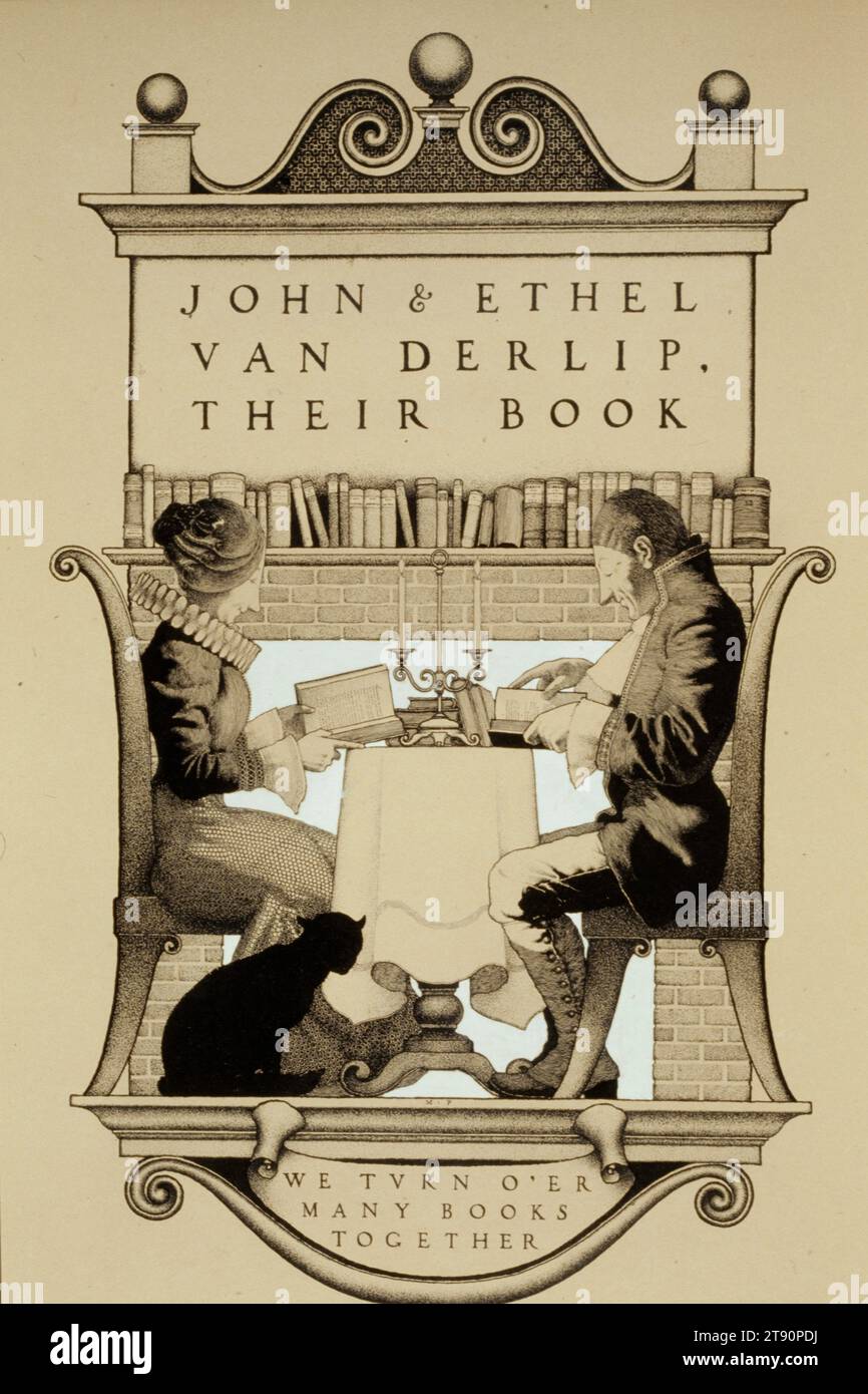 Bookplate design for John R. and Ethel Morrison Van Derlip, 1899-1900, Maxfield Parrish, American, 1870 - 1966, 18 5/8 x 12 3/4 in. (47.31 x 32.39 cm) (image), Pen, brush, india ink, and white heightening on tan light card, United States, 19th-20th century Stock Photo
