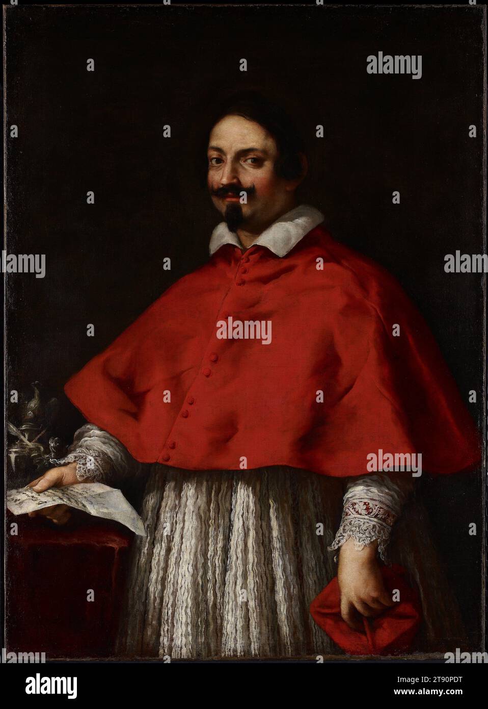 Portrait of Cardinal Pietro Maria Borghese, late 1620s–early 1630s, Pietro da Cortona (Pietro Berrettini), Italian (Tuscany), Italian (Tuscany), 1596–1669, 53 x 39 in. (134.62 x 99.06 cm) (canvas)63 1/4 x 49 1/2 x 3 in. (160.66 x 125.73 x 7.62 cm) (outer frame), Oil on canvas, Italy, 17th century, This inquisitive-looking cardinal, with his intelligent gaze, plump waistline, fashionable goatee and moustache, and large ear, is Pietro Maria Borghese (1599–1642), grandnephew of Pope Paul V. The elaborate silver inkwell carries his family’s coat of arms, an eagle over a dragon. Stock Photo