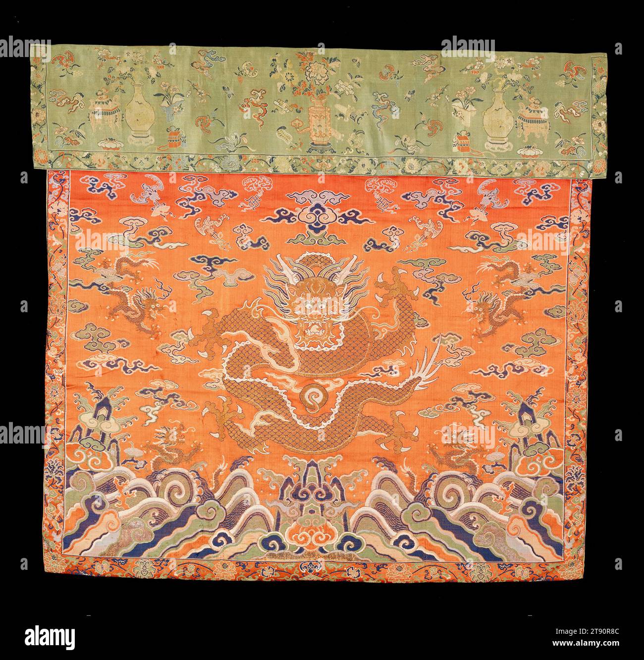 Altar Frontal, 18th century, L. 35 ½ x W. 39 ⅜ in. (88.9 x 99.06 cm), Silk, satin, gold, China, 18th century, The upper section of this panel depicts sacred vessels surrounded by a pattern of clouds, bats carrying flowers, butterflies, eight Daoist attributes, and seasonal plants (orchid, narcissus, plum, peony, camellia, bamboo, and fungus). Below that is a large golden dragon in a celestial landscape, which includes smaller dragons, mountains, waves, coral, and flying bats Stock Photo