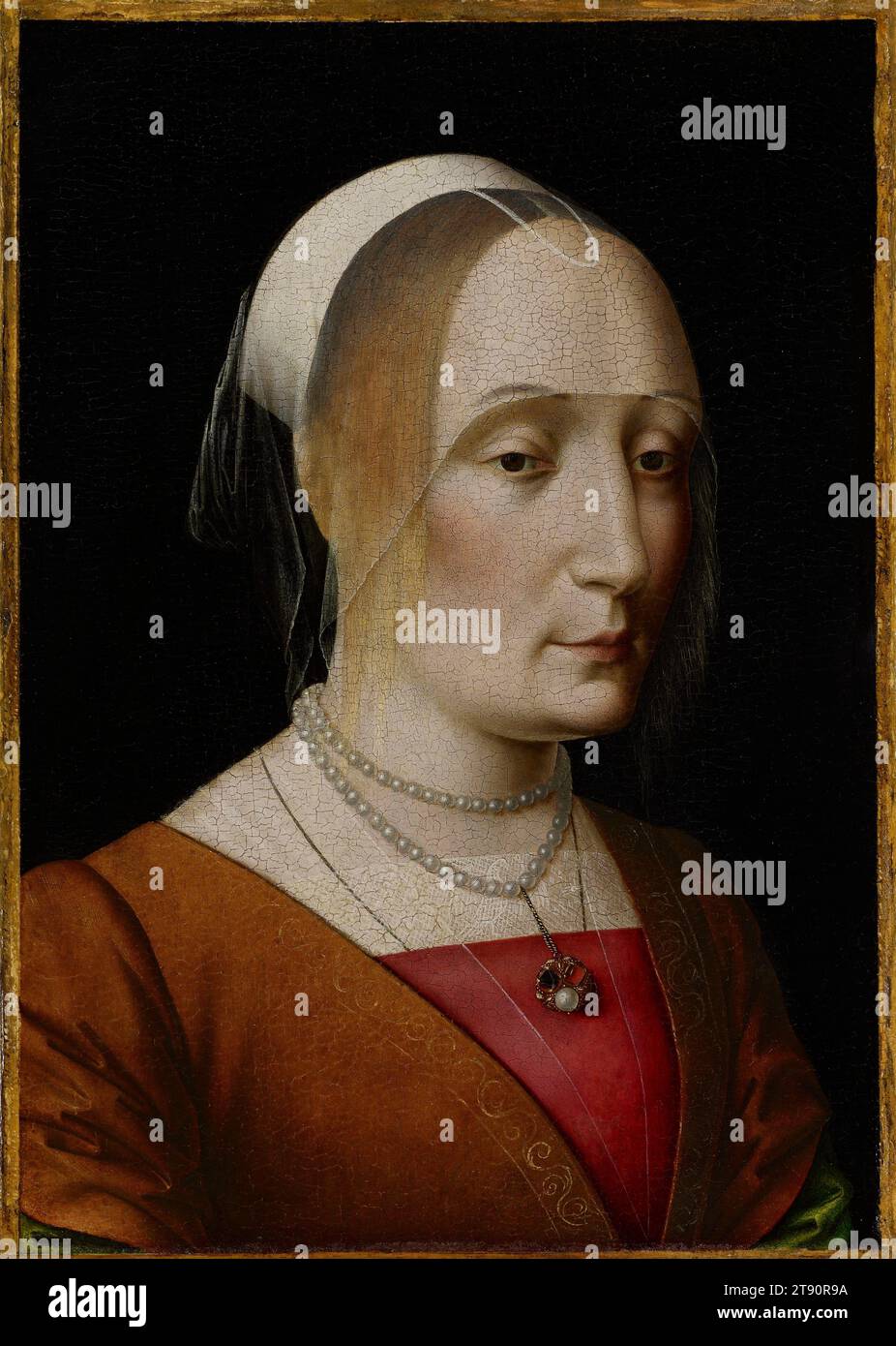 Portrait of a Young Woman, 15th century, Benedetto Ghirlandaio, Italian, (Florence), 1458 - 1497, 16 13/16 x 11 3/4 in. (42.7 x 29.85 cm) (sight)17 3/8 x 12 3/8 x 1/4 in. (44.13 x 31.43 x 0.64 cm) (panel), Oil on panel (not tested), Italy, 15th century, This portrait of a prim blond lady is a mystery. It seems Italian, but the sitter possesses some northern European qualities. The headdress, although lacking a tall cone, is inspired by northern fashions, and the jewel is likely Flemish, although it is worn—suspended from a pearl necklace—in a Florentine manner. Stock Photo