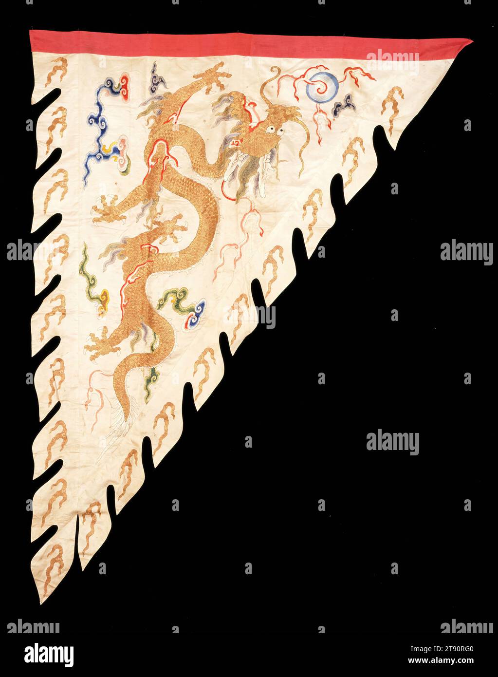 Manchu Military Banner of the White Banner Regiment, 19th century, L.77-3/4 x W.61-1/4 in, Embroidered satin, China, 19th century, The Manchus formed an hereditary banner system in 1601 that required all Manchu men to be enrolled in one of the four banner regiments. The original regiments were distinguished by their solid yellow, white, red, and blue triangular flags with serrated borders. Prince Dorgon commanded the white regiment. Flags such as these embellished with dragons in couched gold were used primarily in ceremonies and military reviews like those depicted below in the Eight Stock Photo